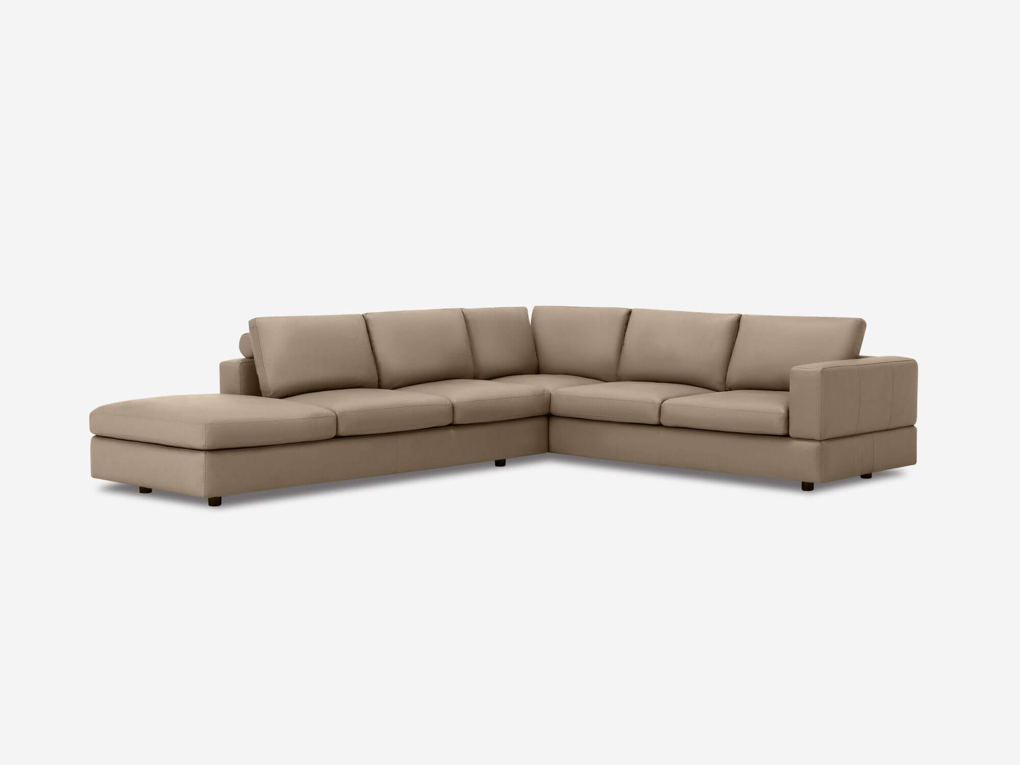 Taupe leather sectional sofa front angle view