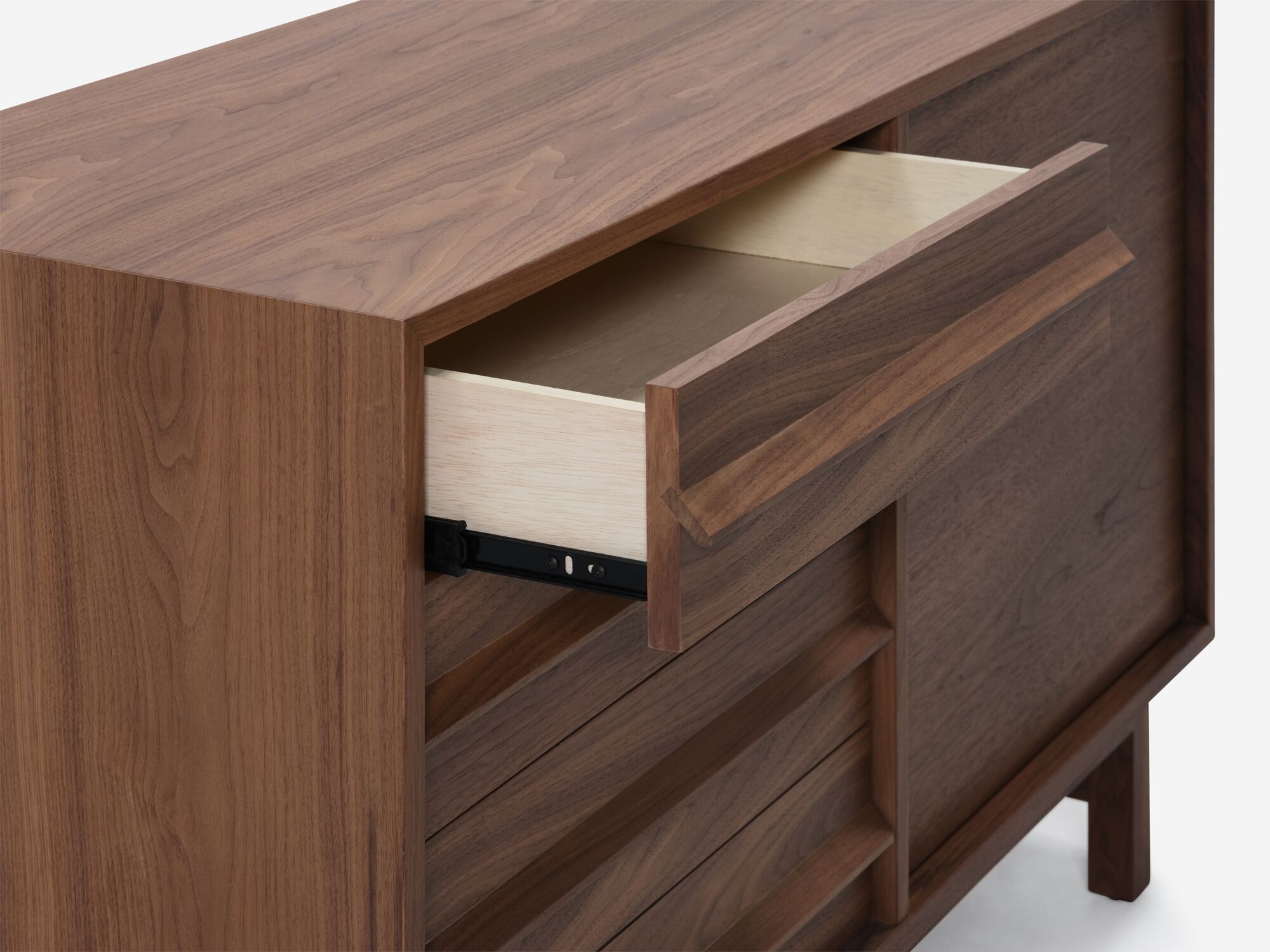 Small walnut mid century floating sideboard drawer detail view