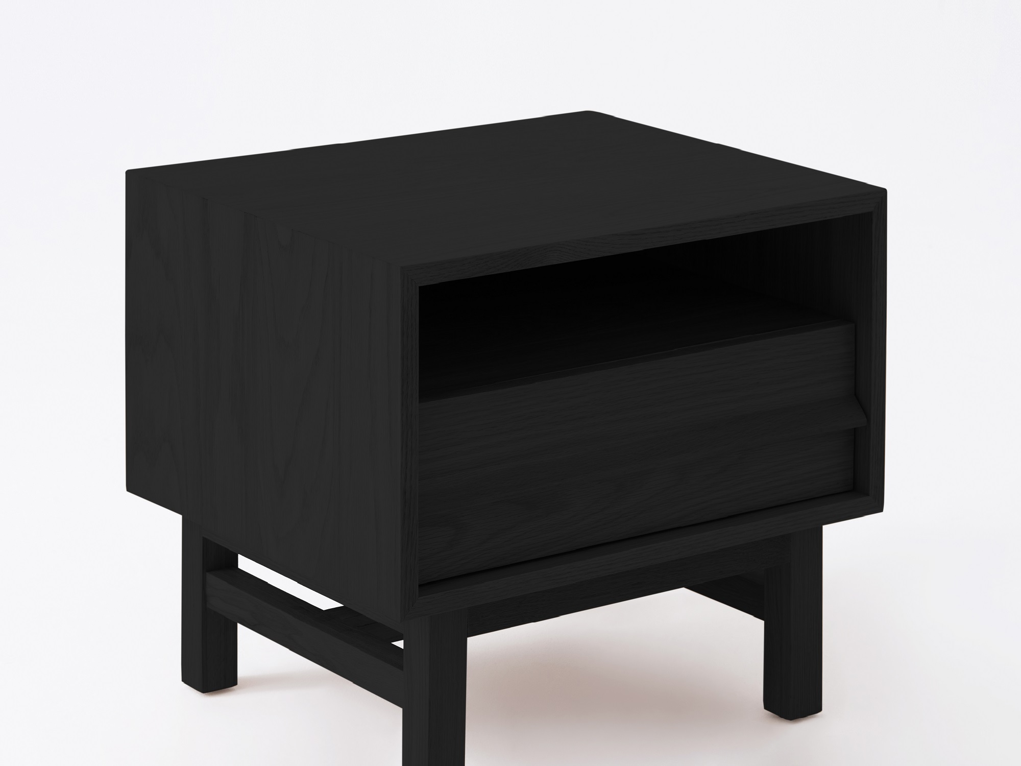 Angled view of the Marcel open shelf modern nightstand in black oak