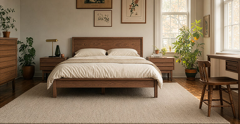 Queen bed displayed in a bedroom with a cityscape view, link to bedroom category.