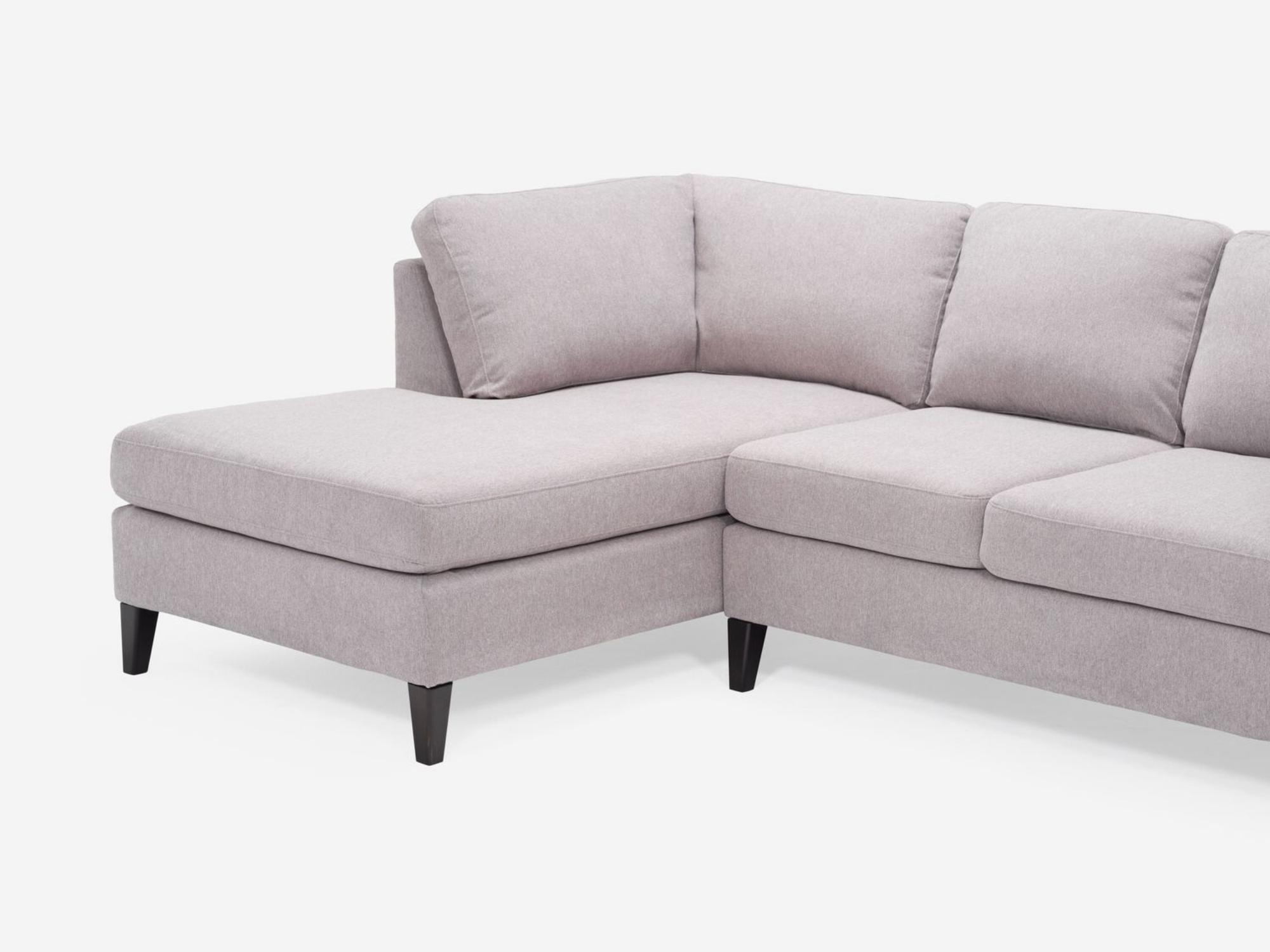 Detail chaise view of the Salema modern sectional couch in grey fabric