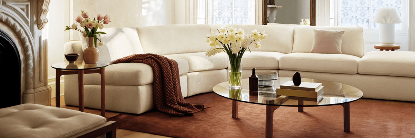 A white fabric sectional sofa is shown in a living room