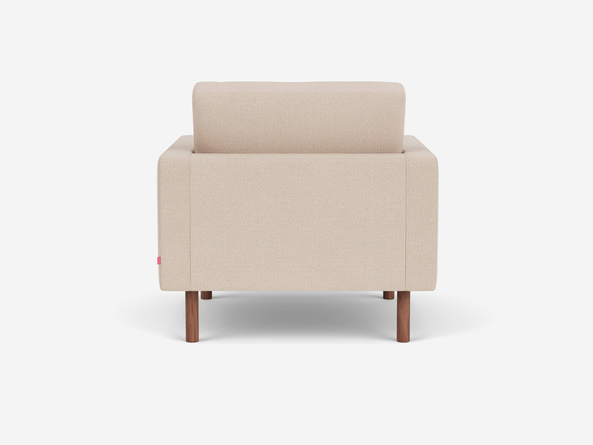 Back view of Beige tufted chair with walnut legs