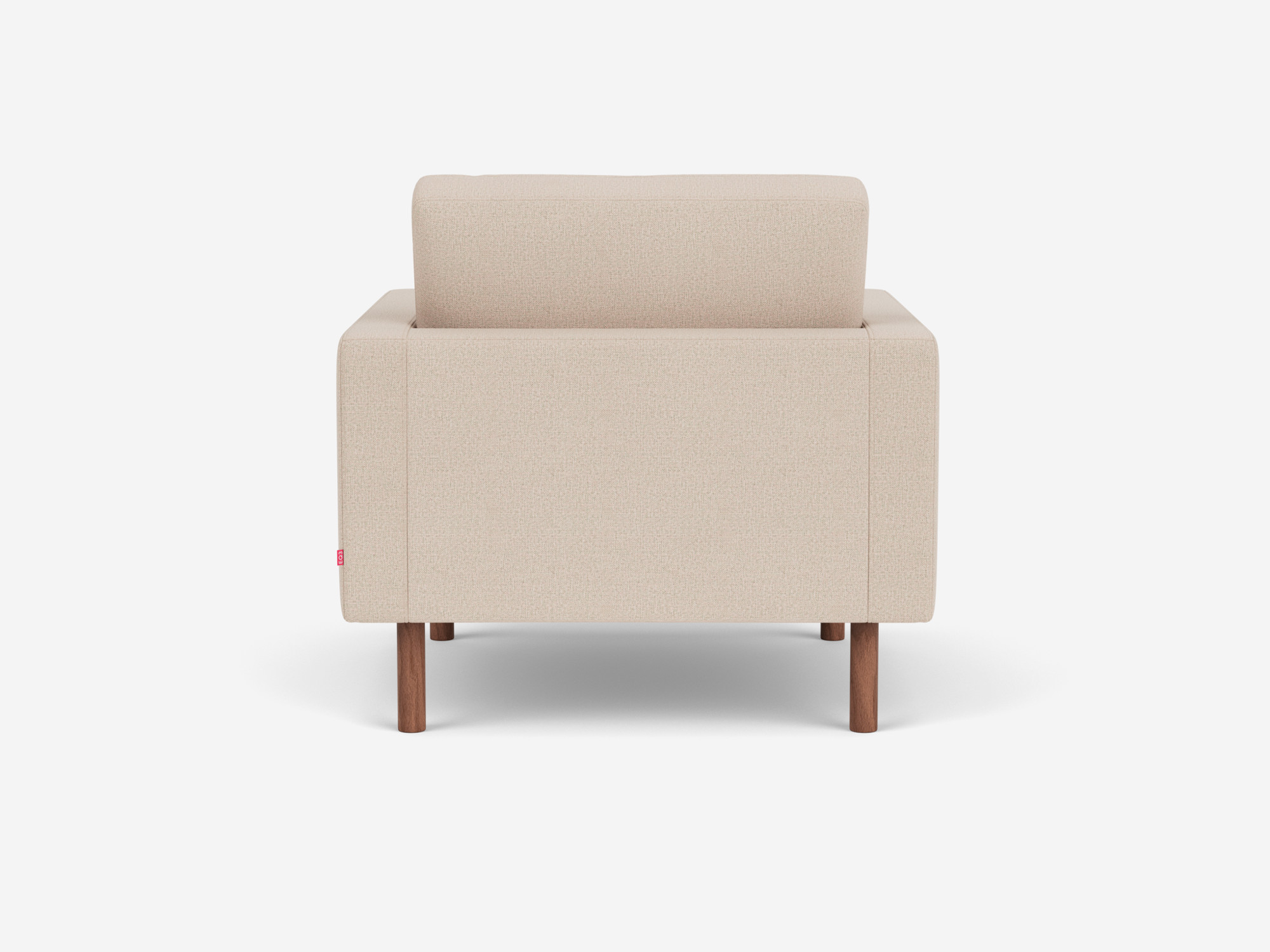 Back view of Beige tufted chair with walnut legs