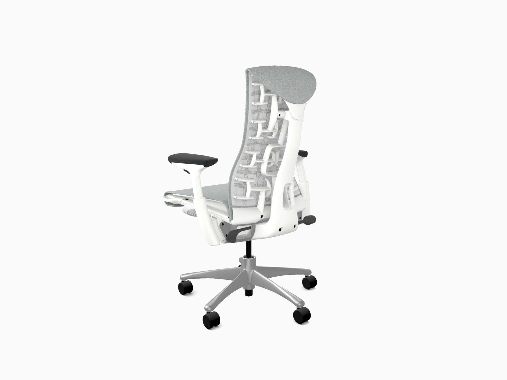 Back angle view of Embody office chair in Sync Dark Mineral and White