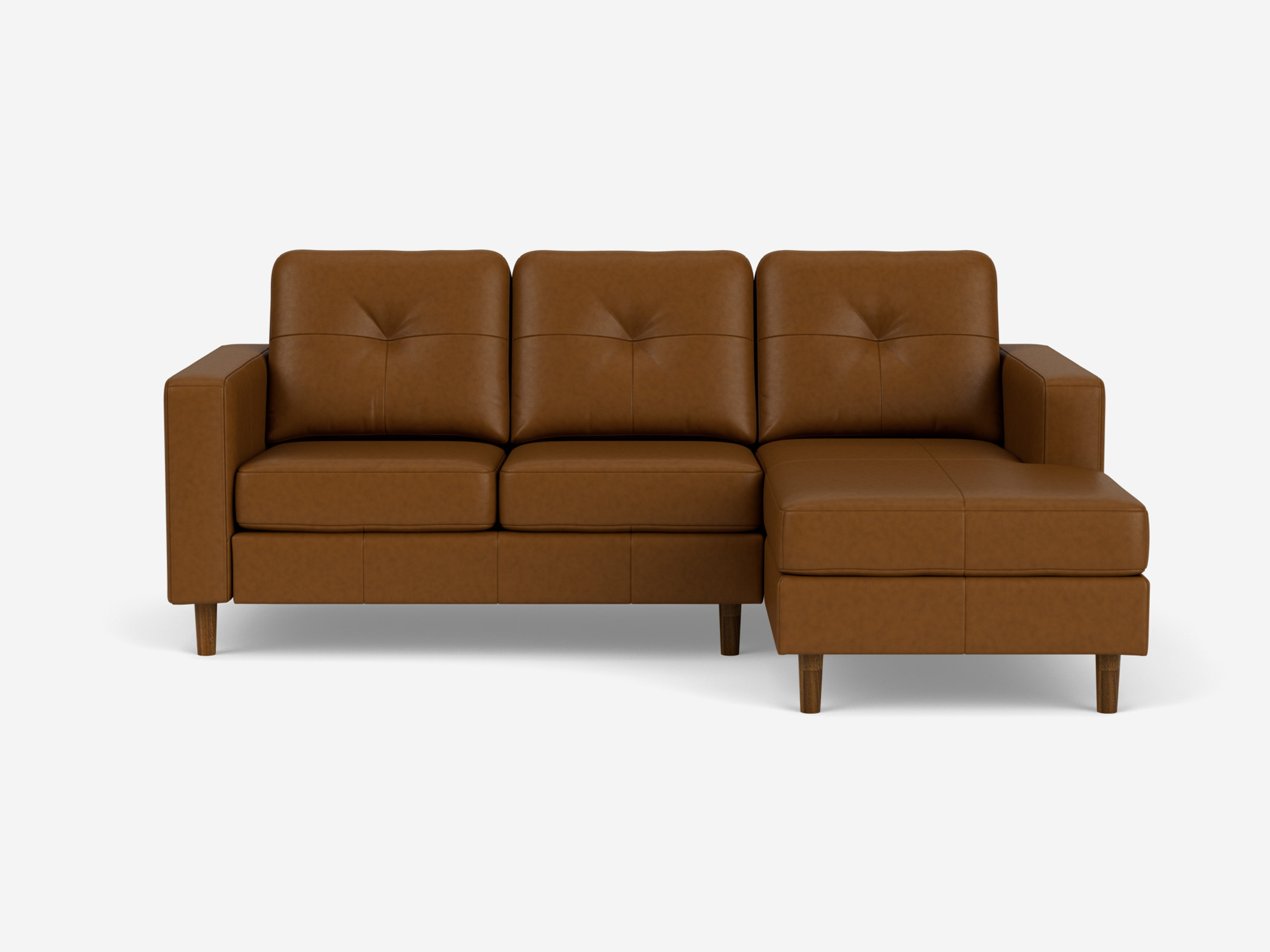 front view of the Solo l shape sofa in brown leather right hand facing chaise