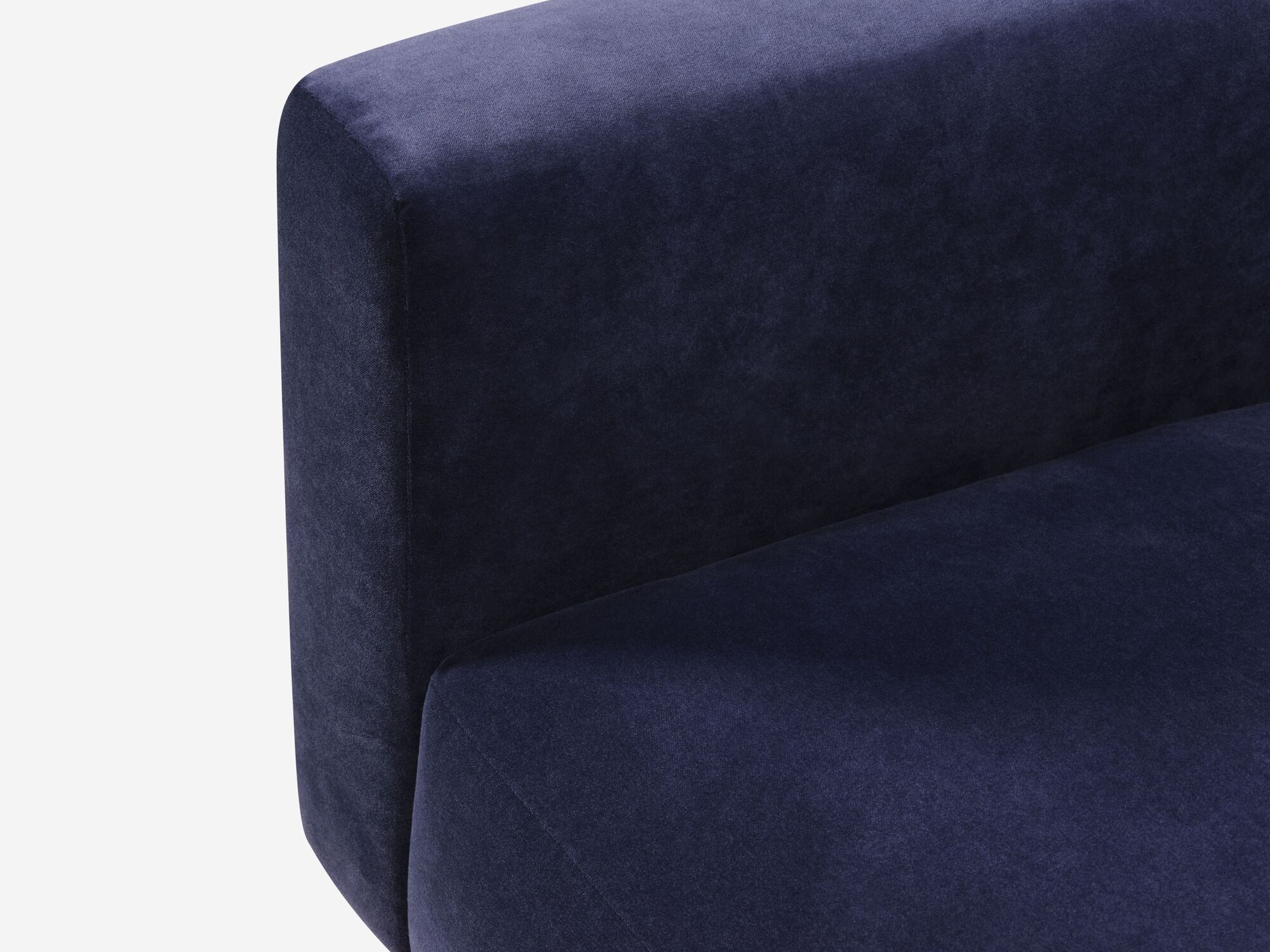 Seat detail view of blue velvet sofa