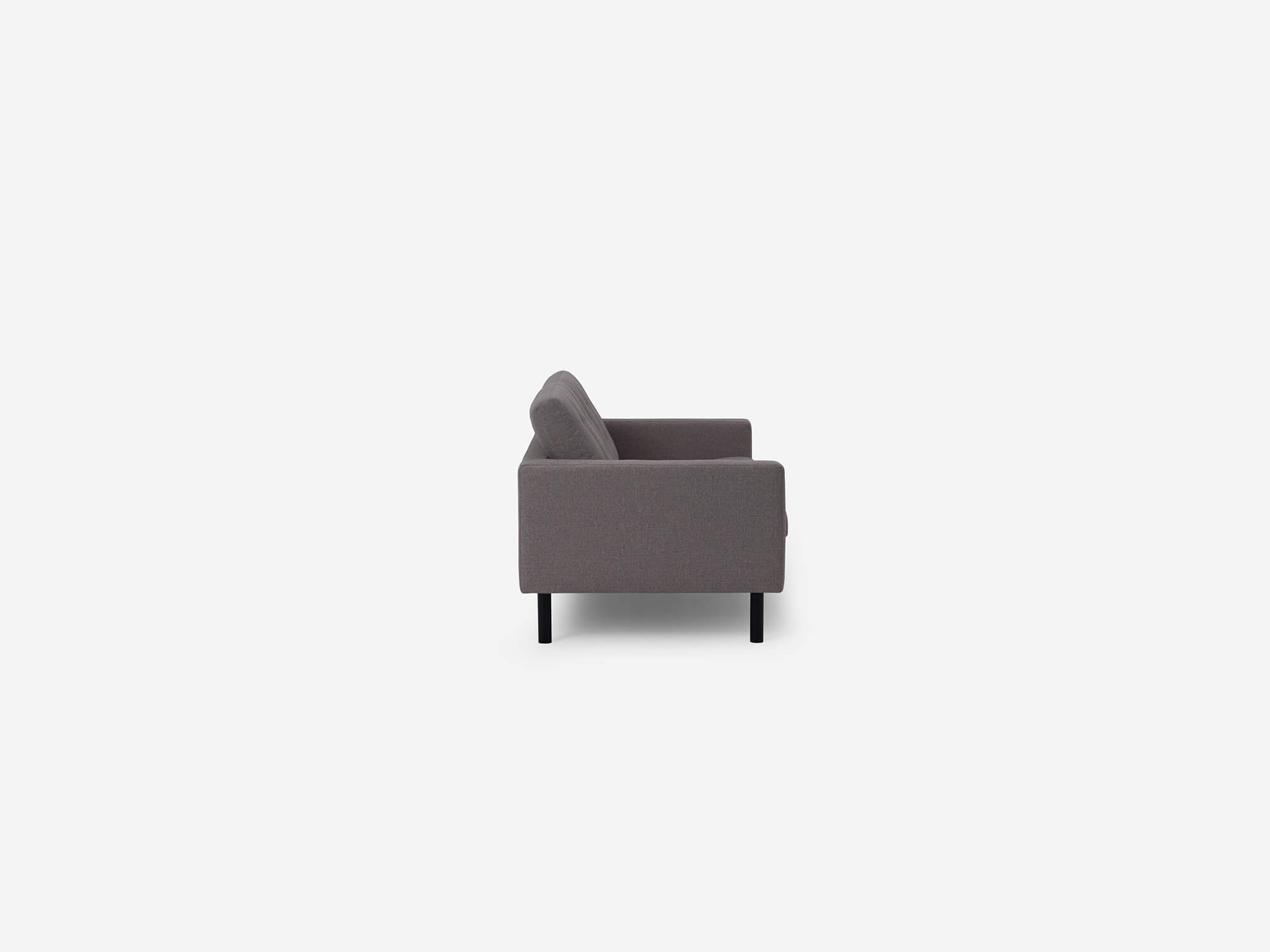 Side view of the Joan loveseat in grey fabric