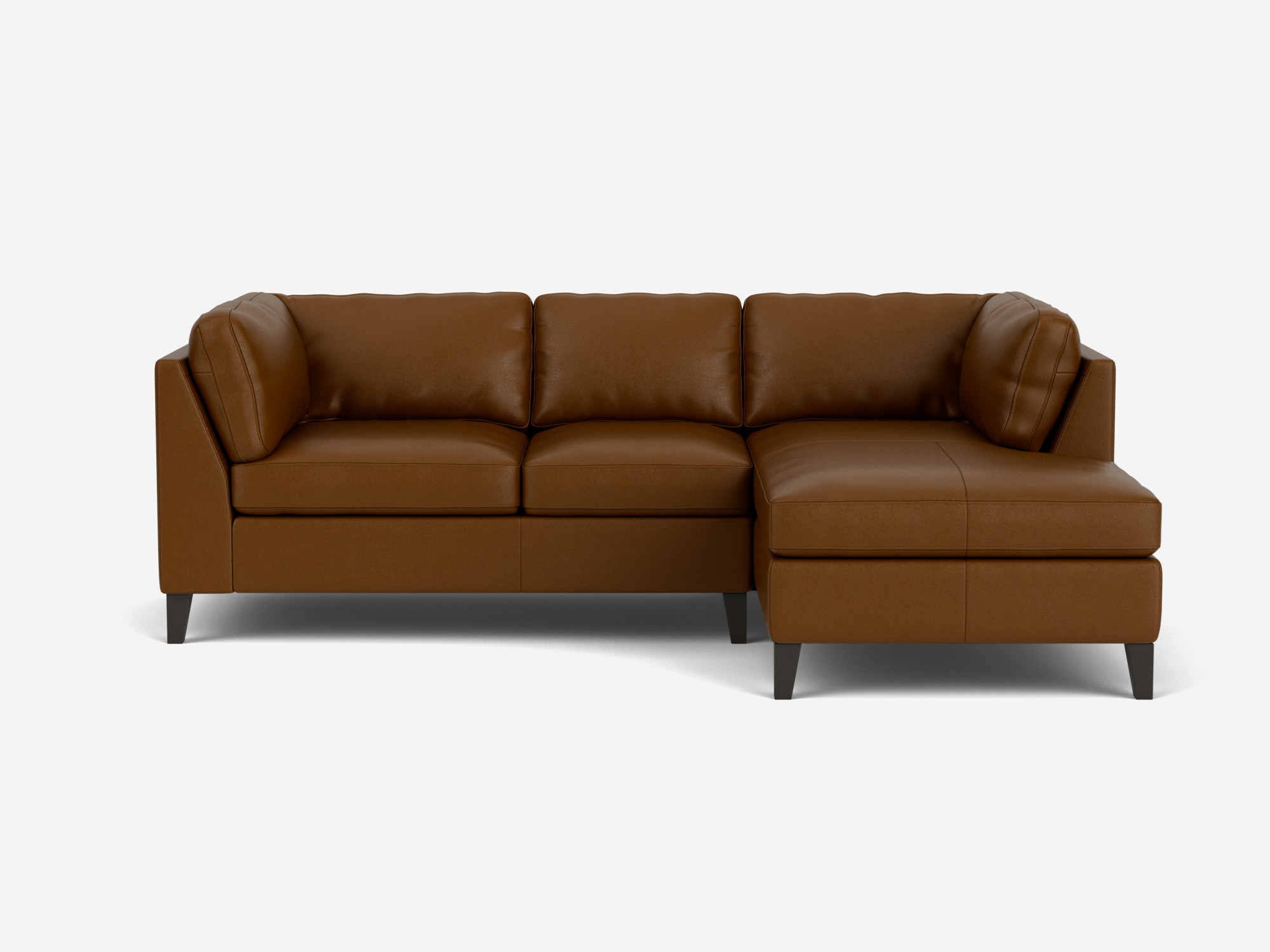 Front view of the Salema modern sectional couch in brown leather with right hand chaise