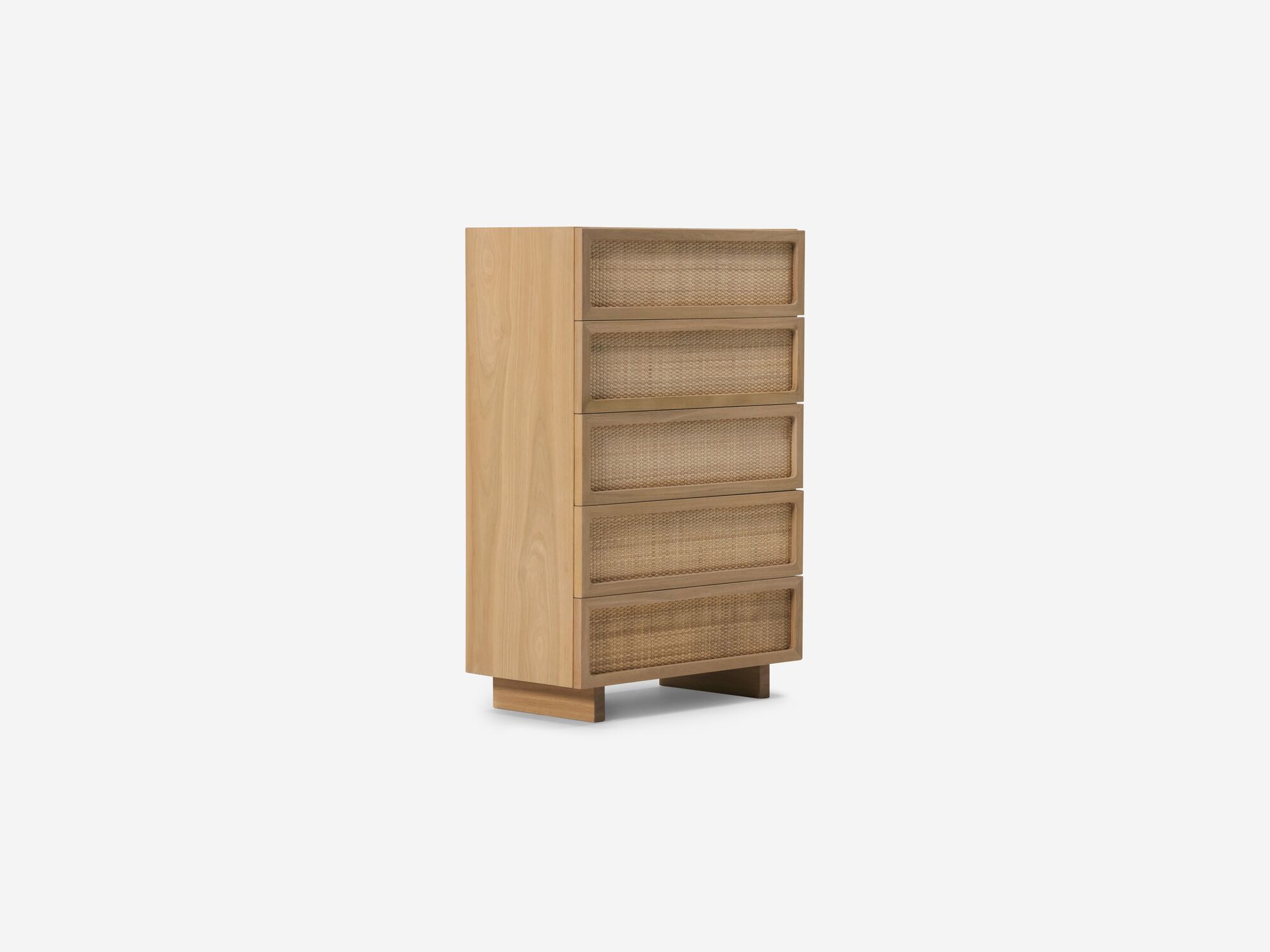 Oak chest with woven drawer fronts front angle view