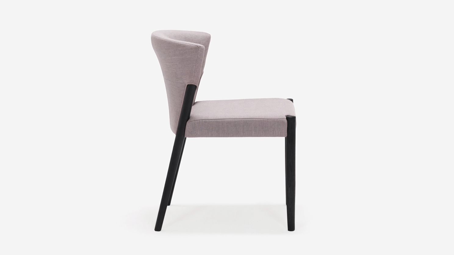 Side view of black oak and grey upholstered dining chair