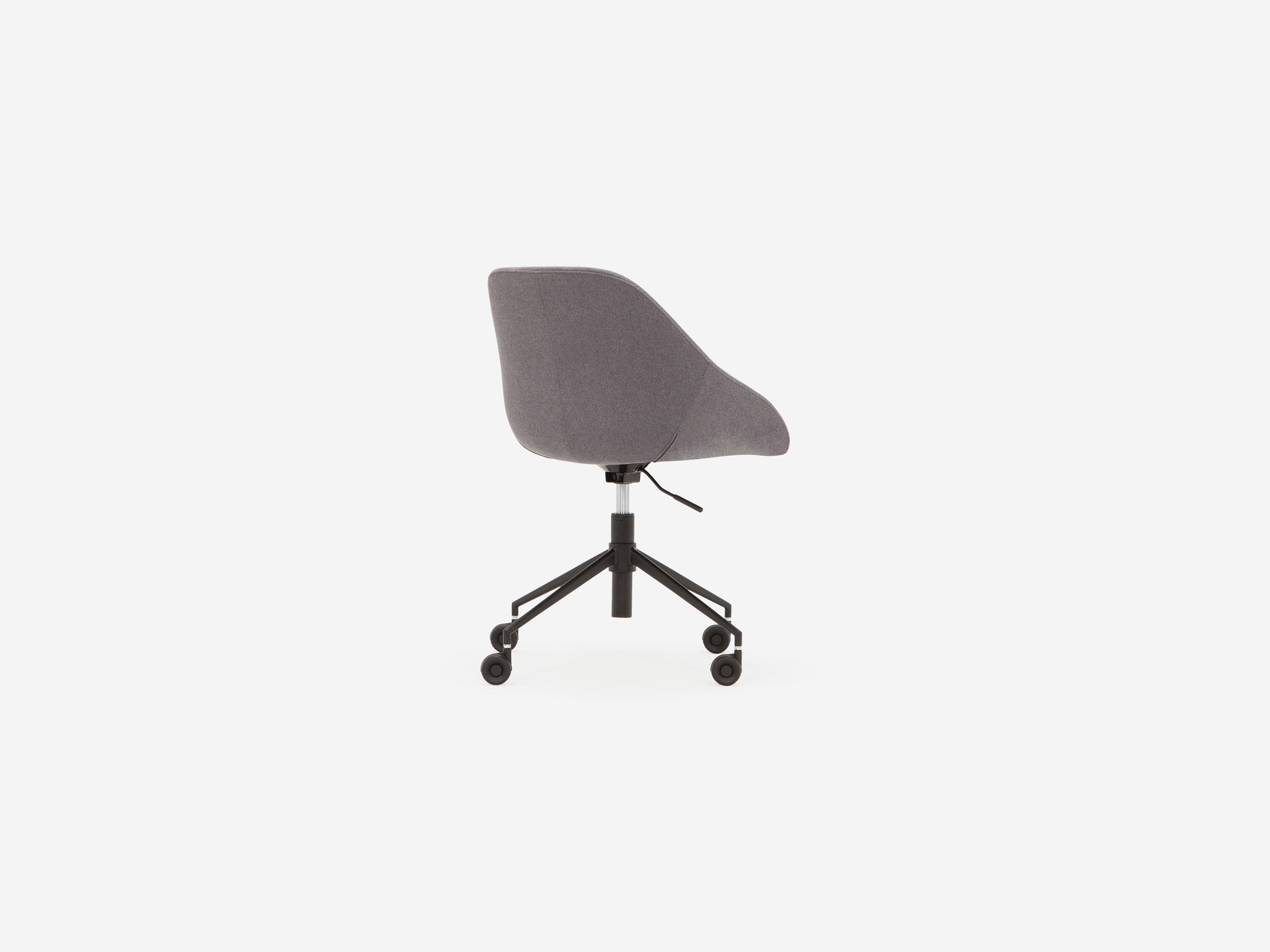 Back angled view of the modern office chair in grey fabric