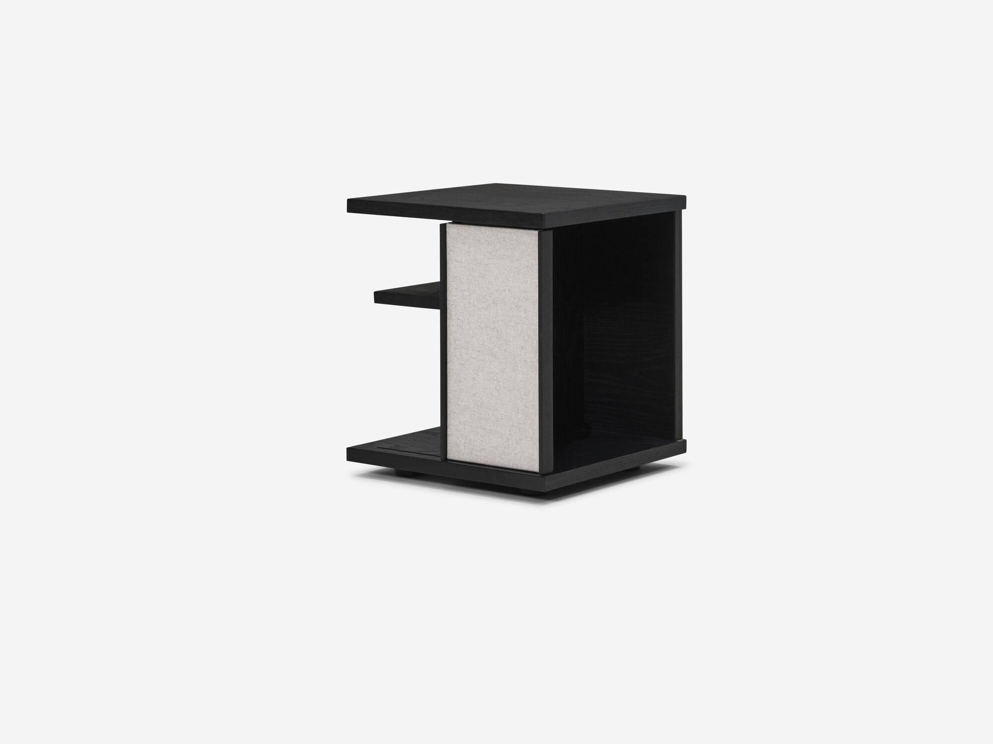 Corner right view of the Plank accent table canada in black oak with fabric panels