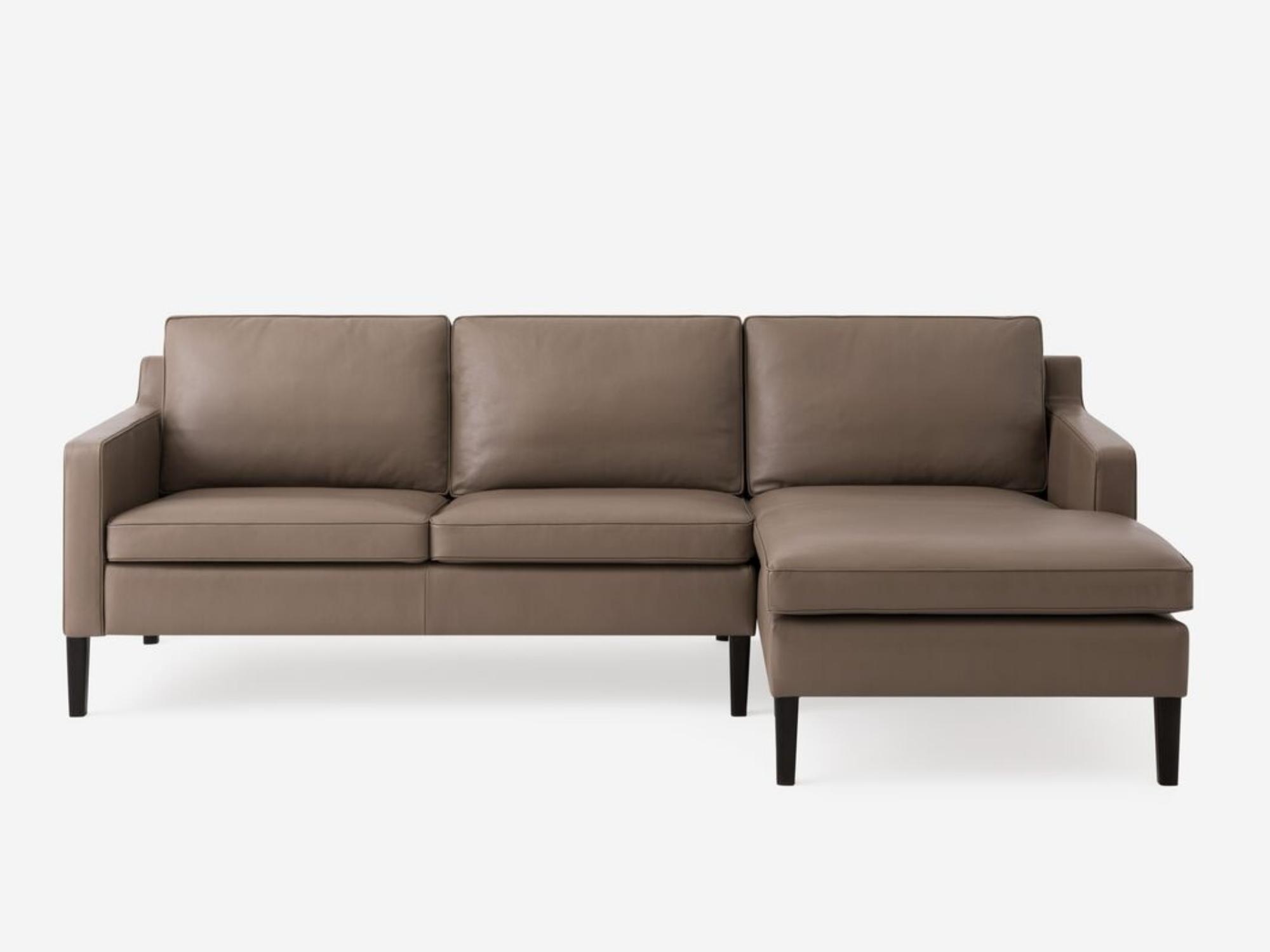 Front view of the Skye modern sectional sofa in grey leather with right hand chaise