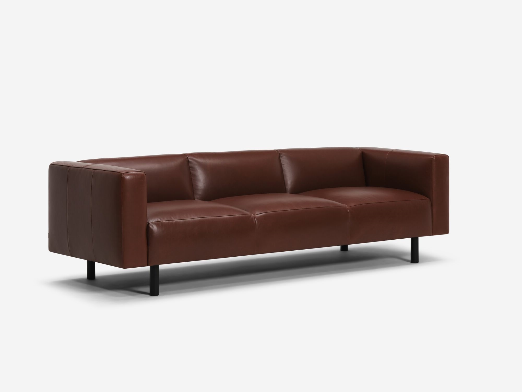 Front angle view of dark brown leather sofa