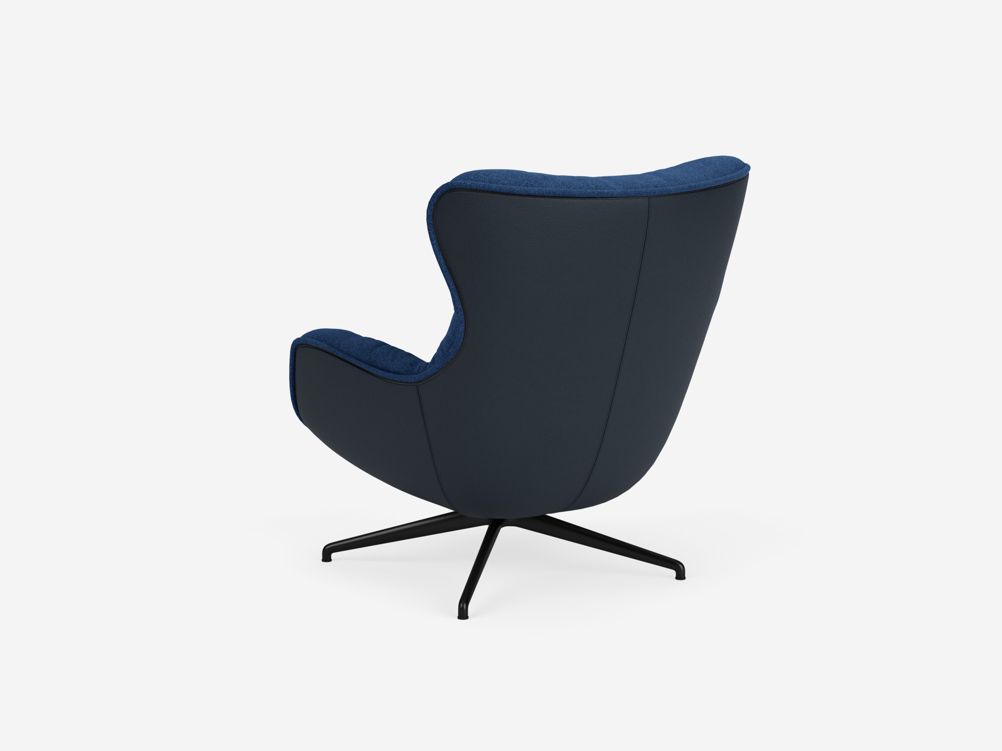 Blue custom upholstered swivel chair back view