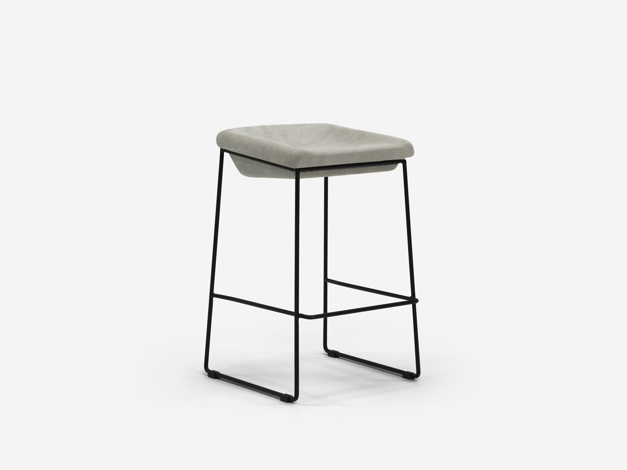 Counter stool with grey seat and black legs front angle view