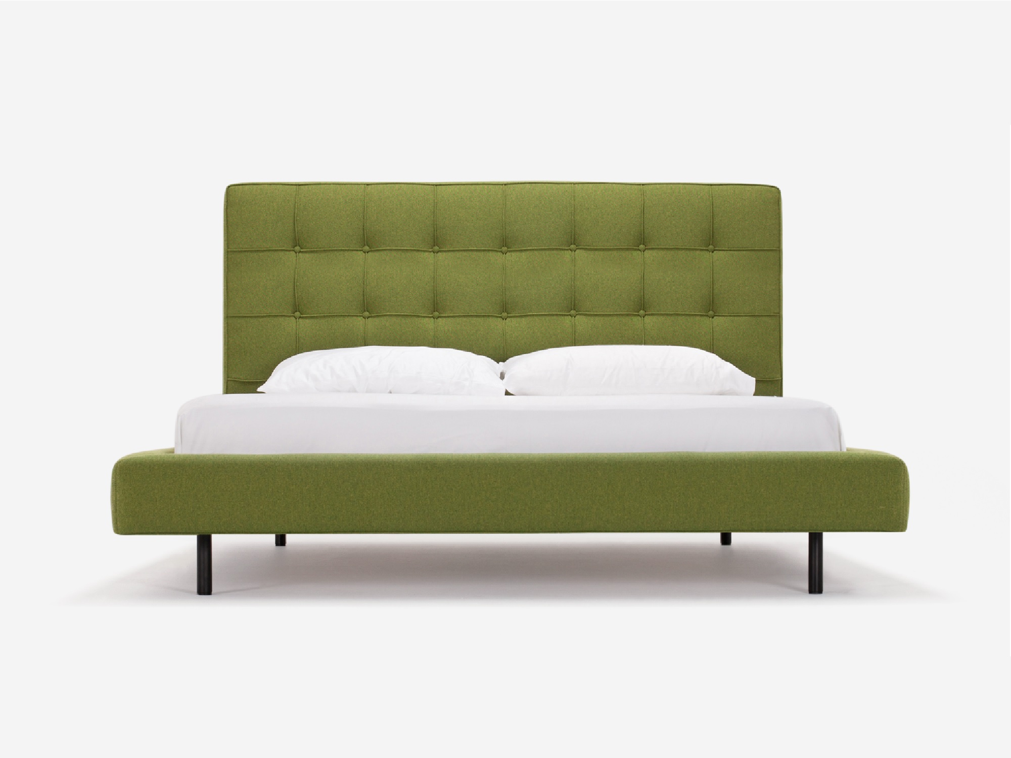 Front view of Winston, the mid century modern bed, in green fabric with a high headboard