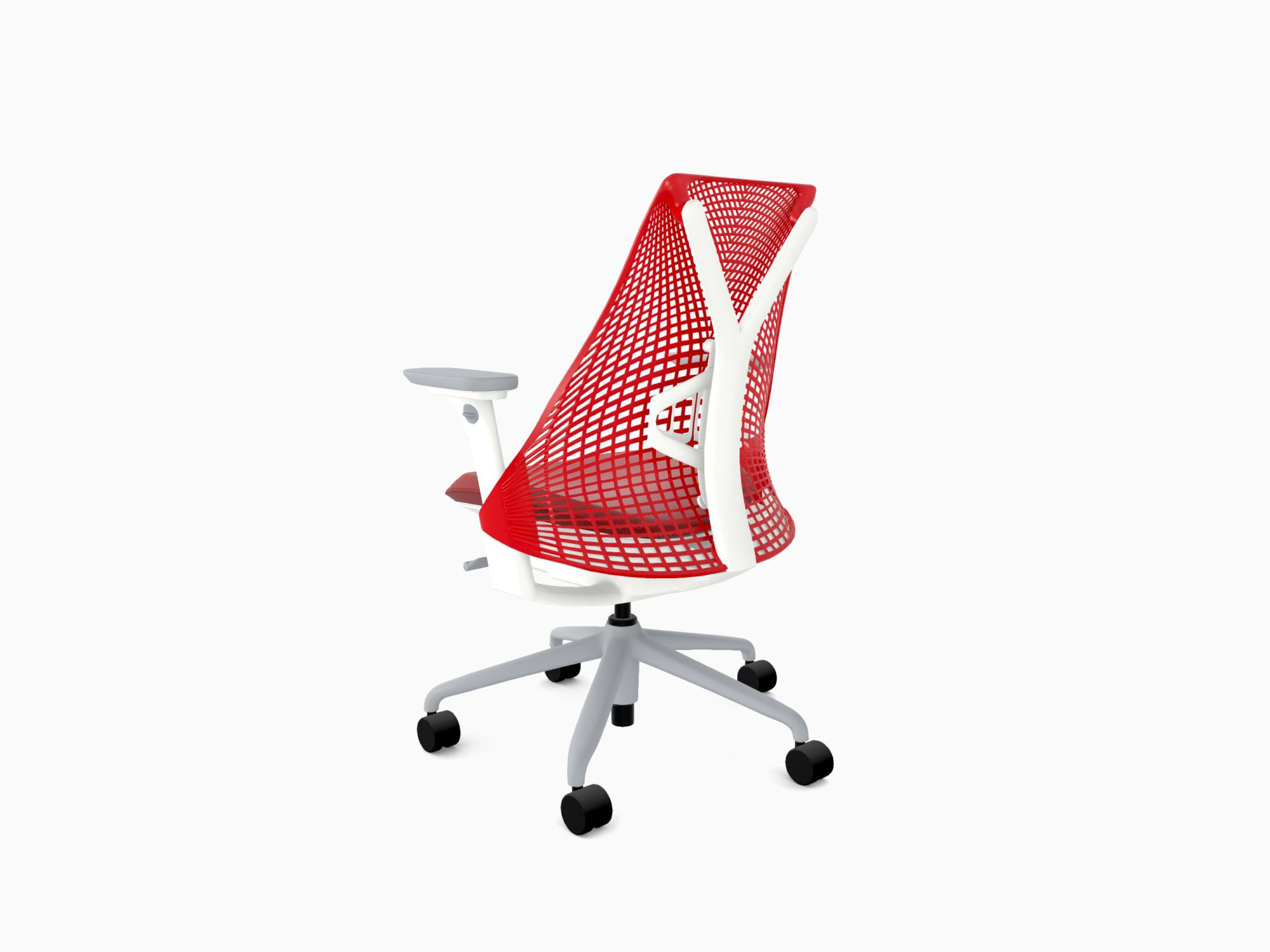 Herman Miller office chair with fog base in crepe cherry back angle view