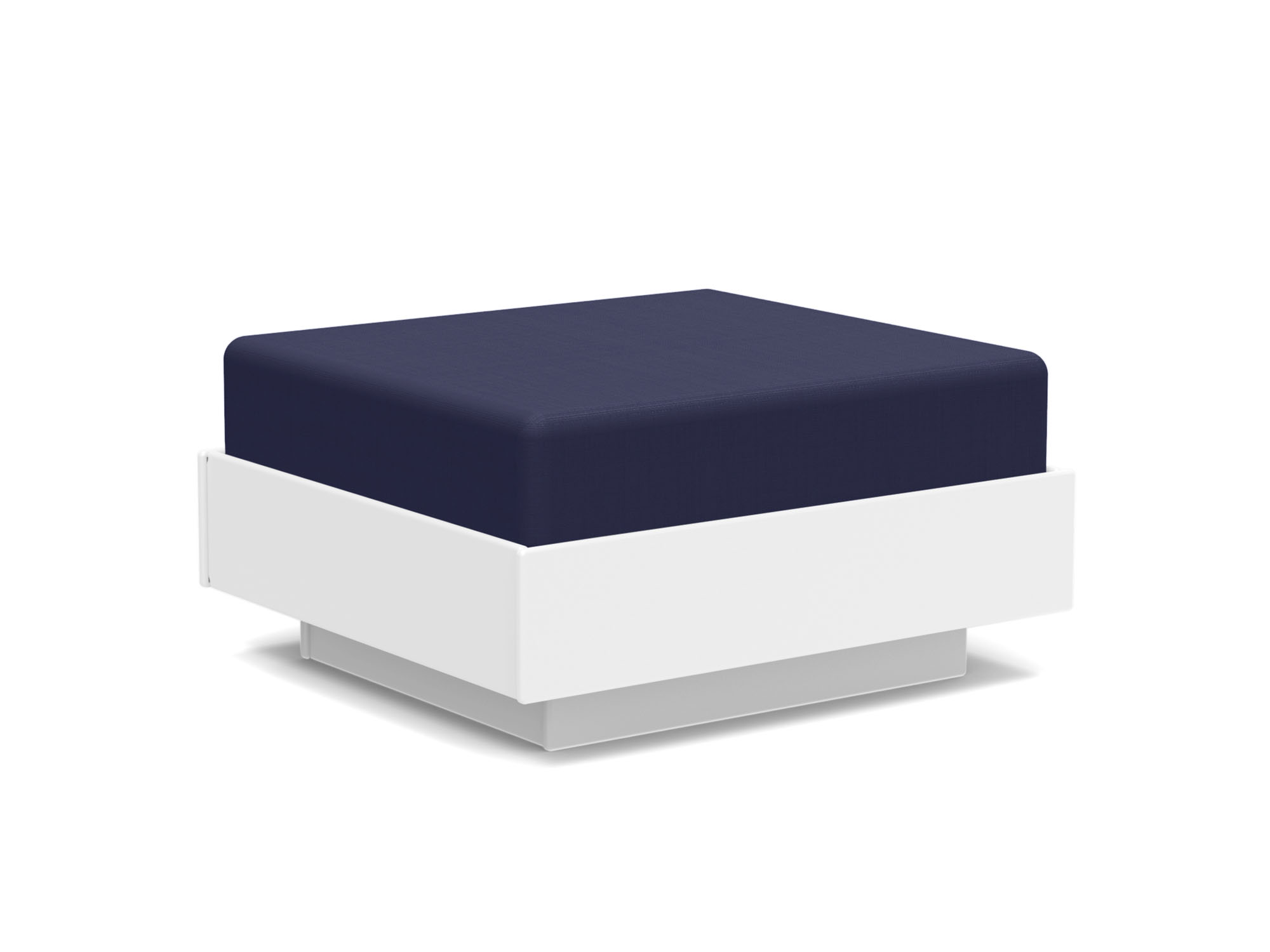Vue d'angle avant du pouf extérieur blanc et bleu foncé