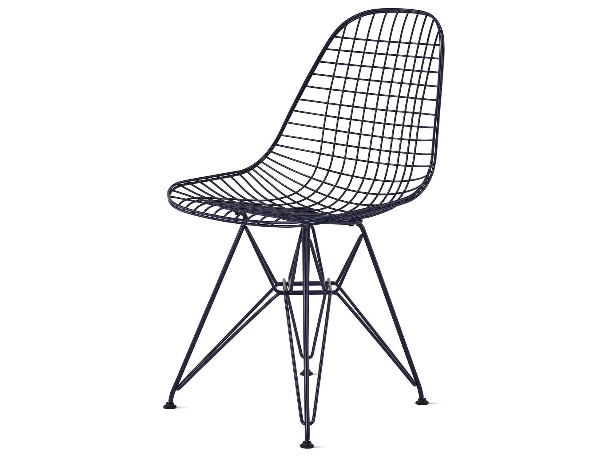 Front angle view of black blue wire chair with wire base