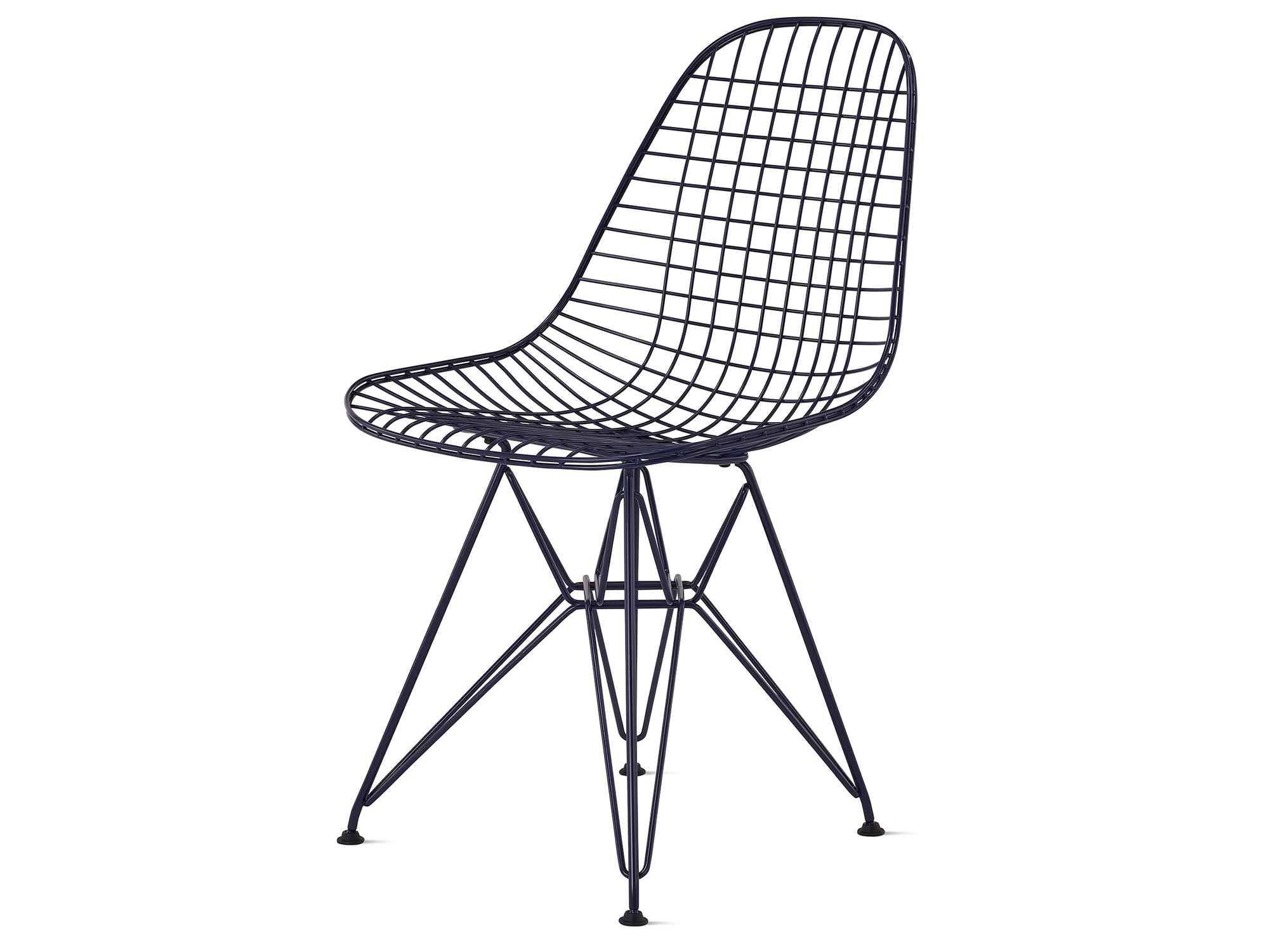 Front angle view of black blue wire chair with wire base