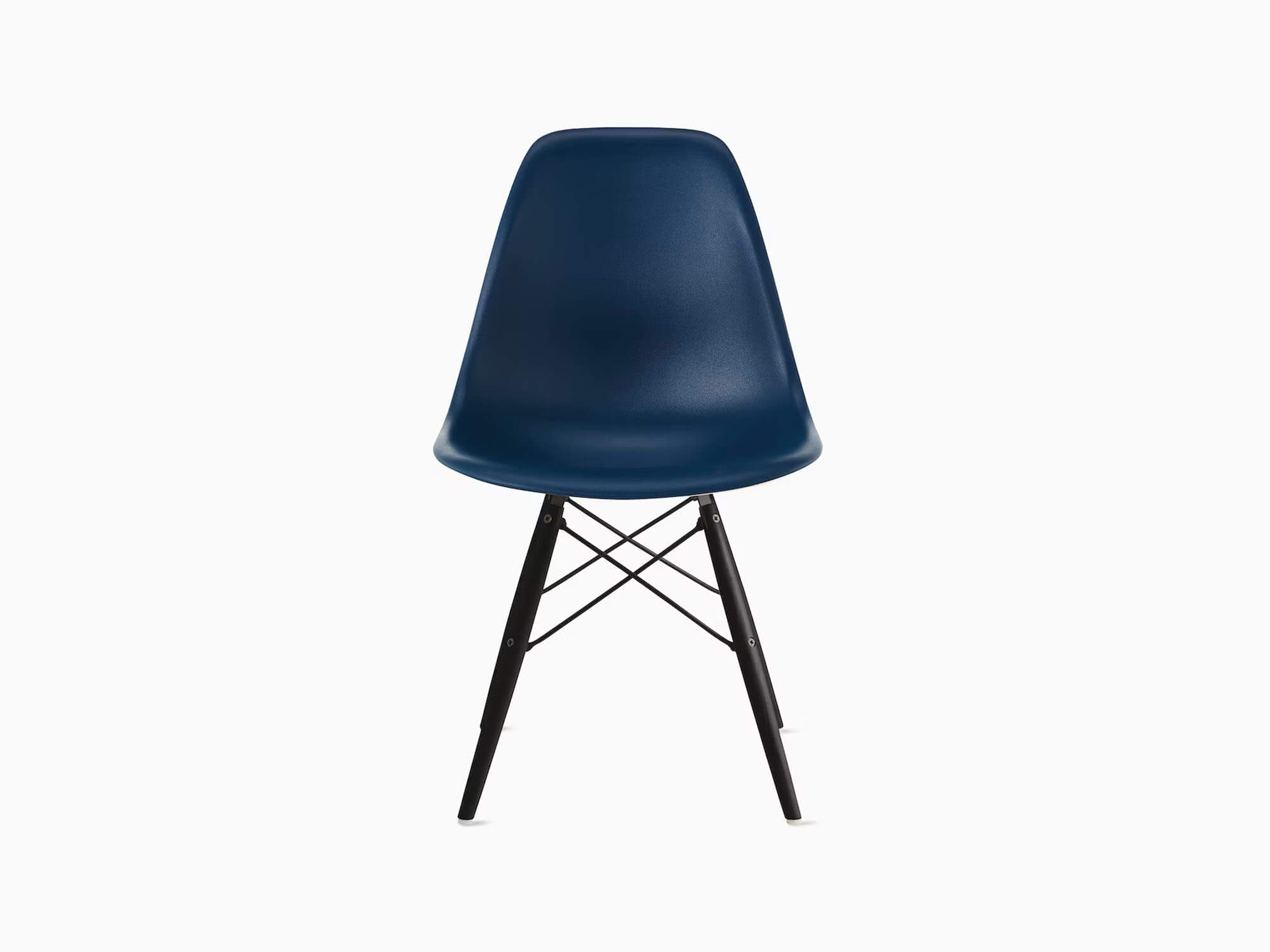 Front view of dark blue plastic chair with ebony dowels