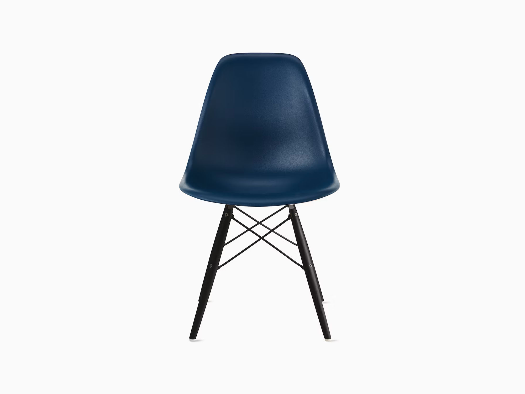 Front view of dark blue plastic chair with ebony dowels