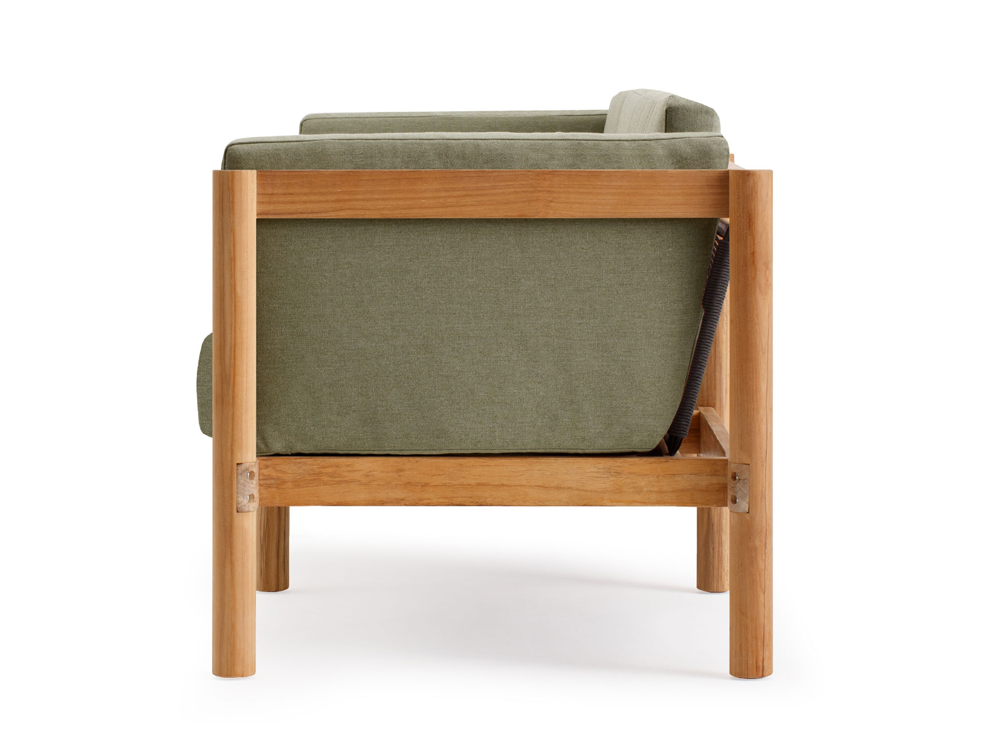 Side view of outdoor armchair with green cushions and wood legs