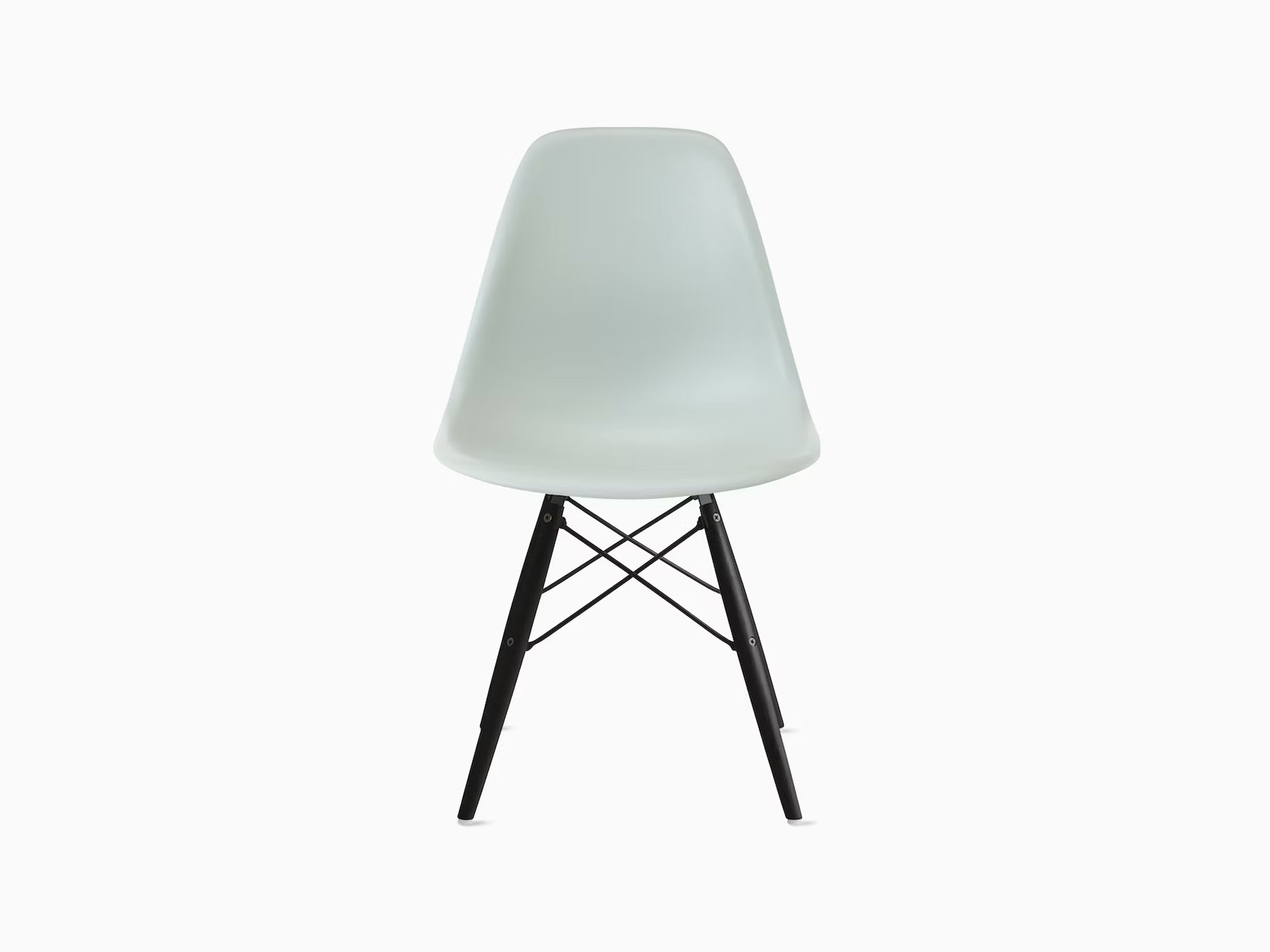 Front view of ice blue plastic chair with ebony dowels