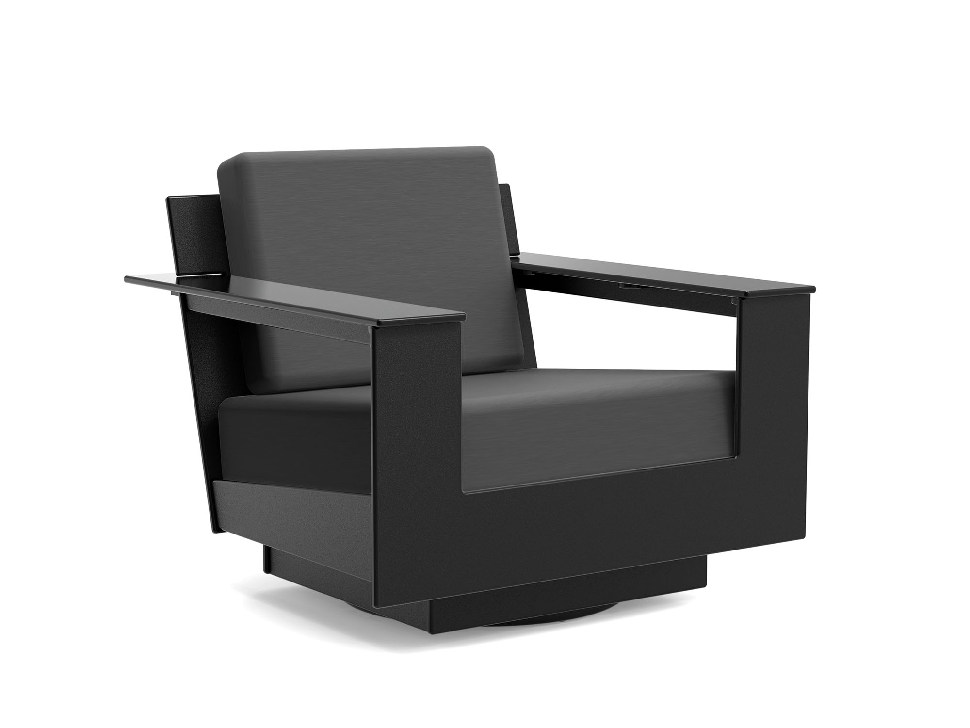 Black and dark grey swivel outdoor lounge chair front angle view