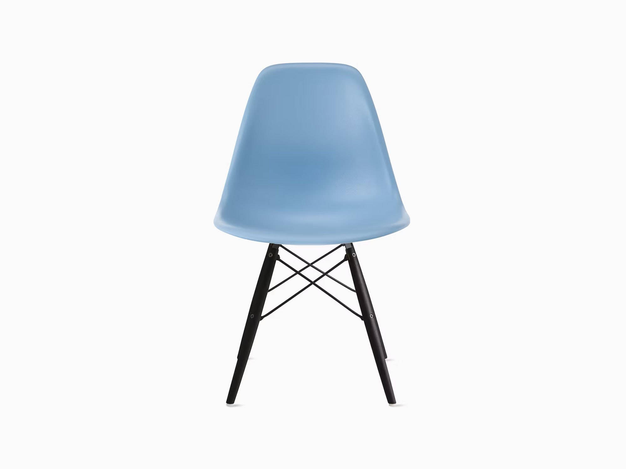 Front view of blue plastic chair with ebony dowels