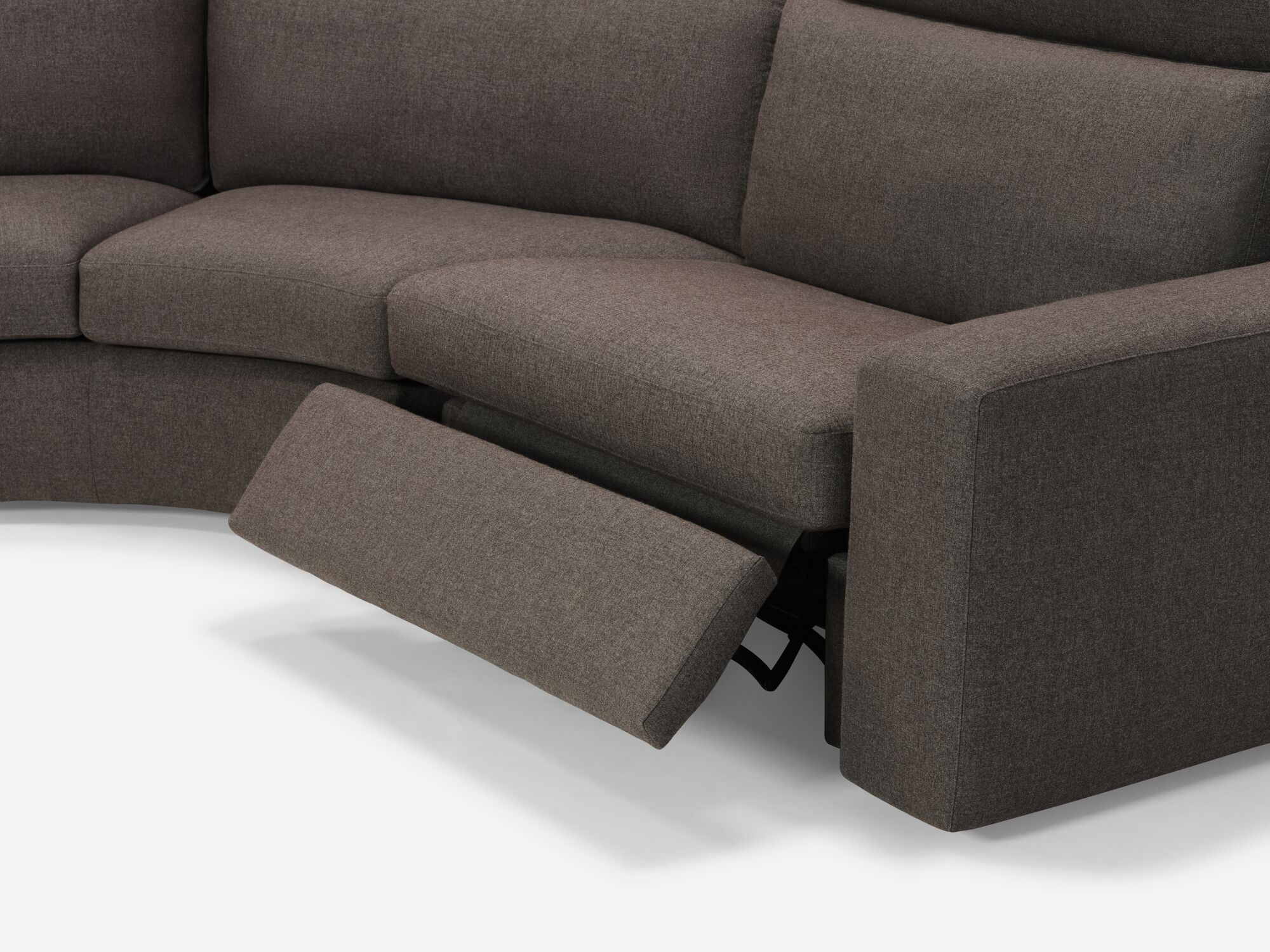 Charcoal reclining sectional with seat partially reclined arm detail view
