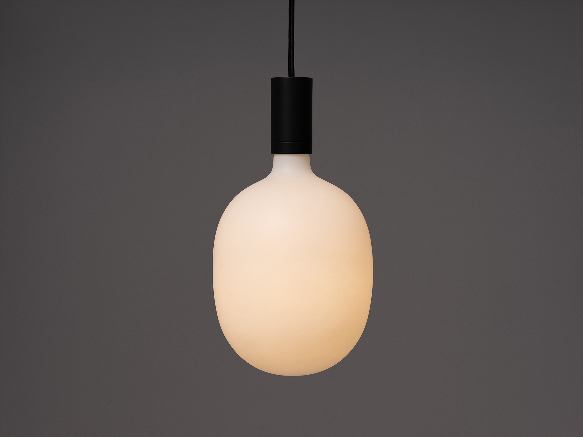 Large matte white LED light bulb in a pendant