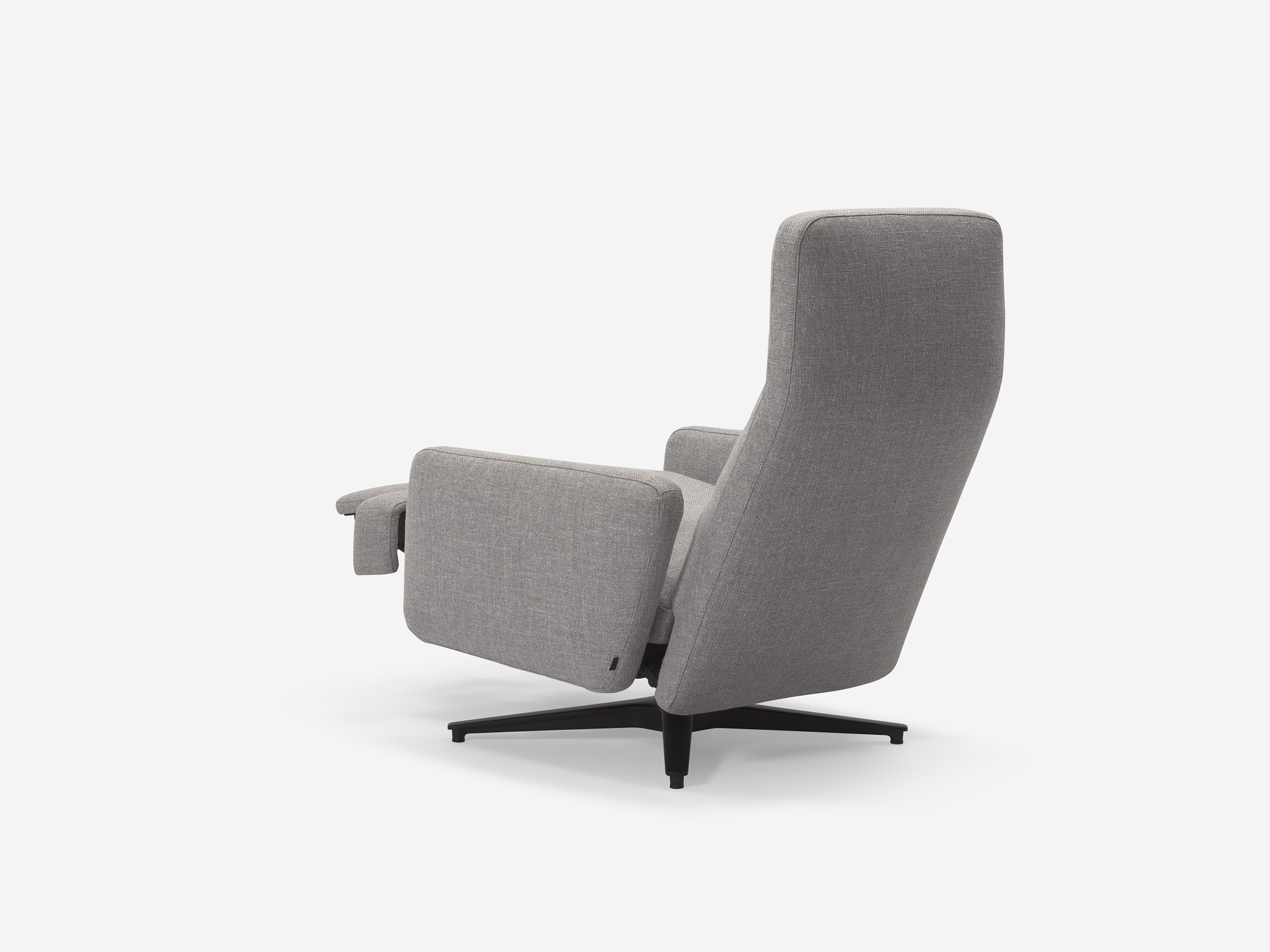 Grey fabric reclining chair with foot rest reclined back angle view