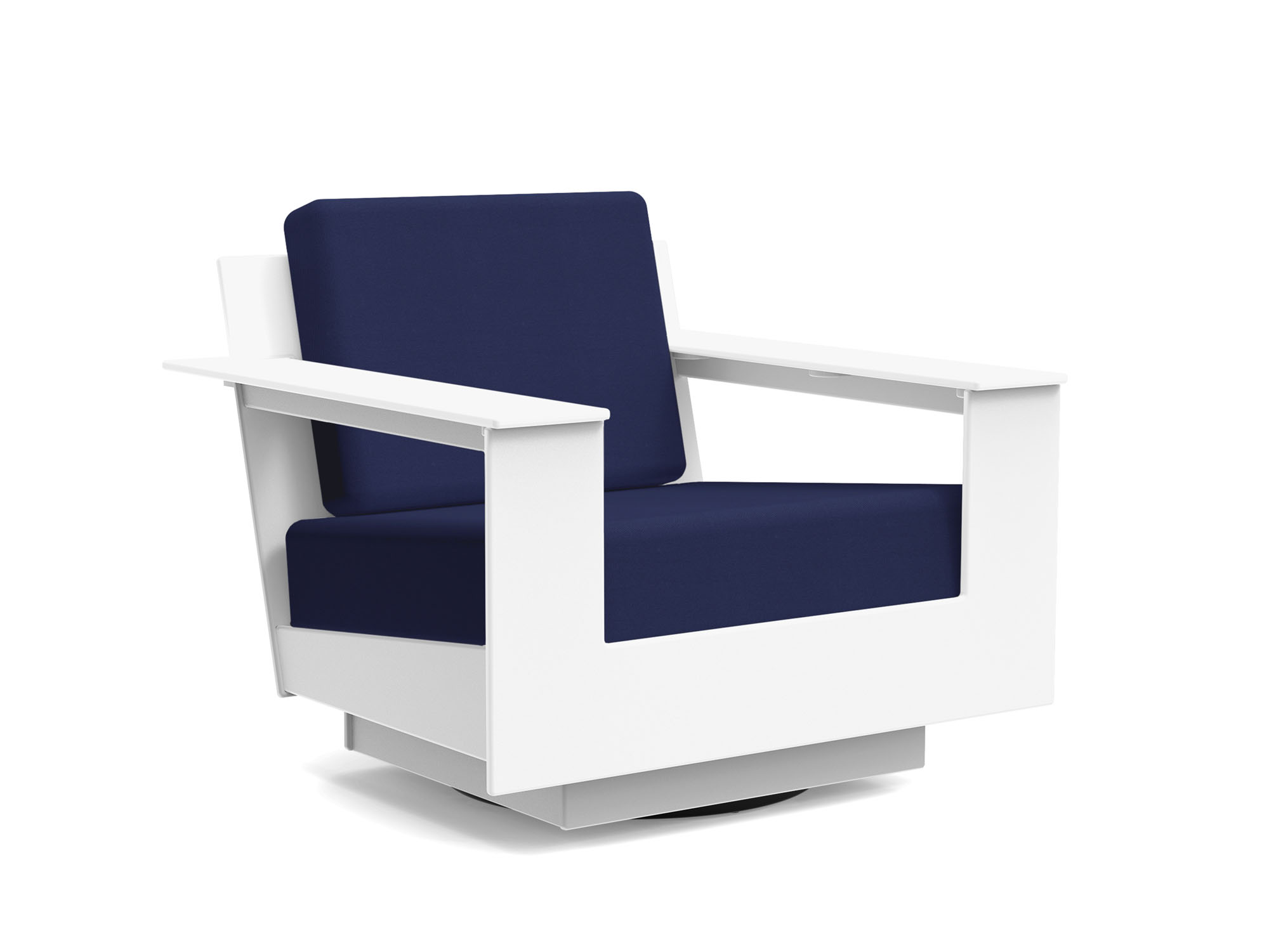 White and dark blue swivel outdoor lounge chair front angle view