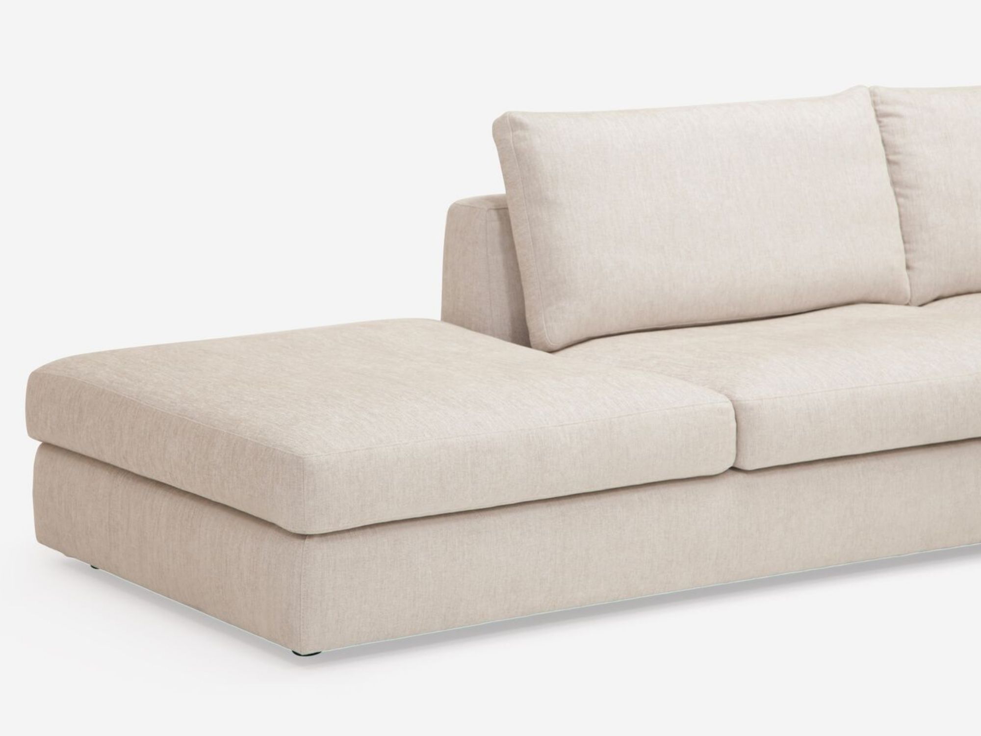 Detail view of the Cello modern sectional couch in white fabric chaise with left hand backless chaise