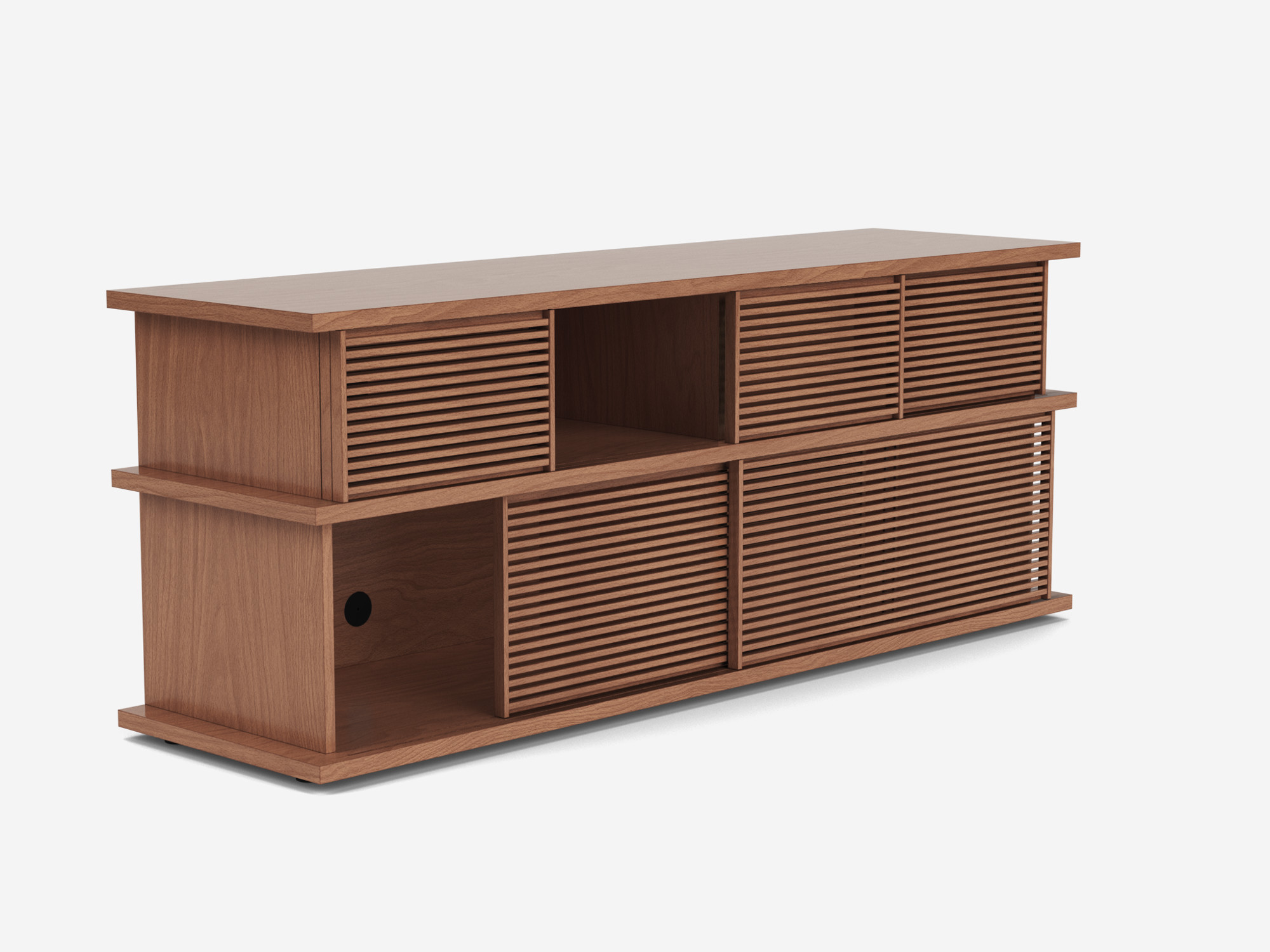 Tall walnut media unit with slatted panels front angle view