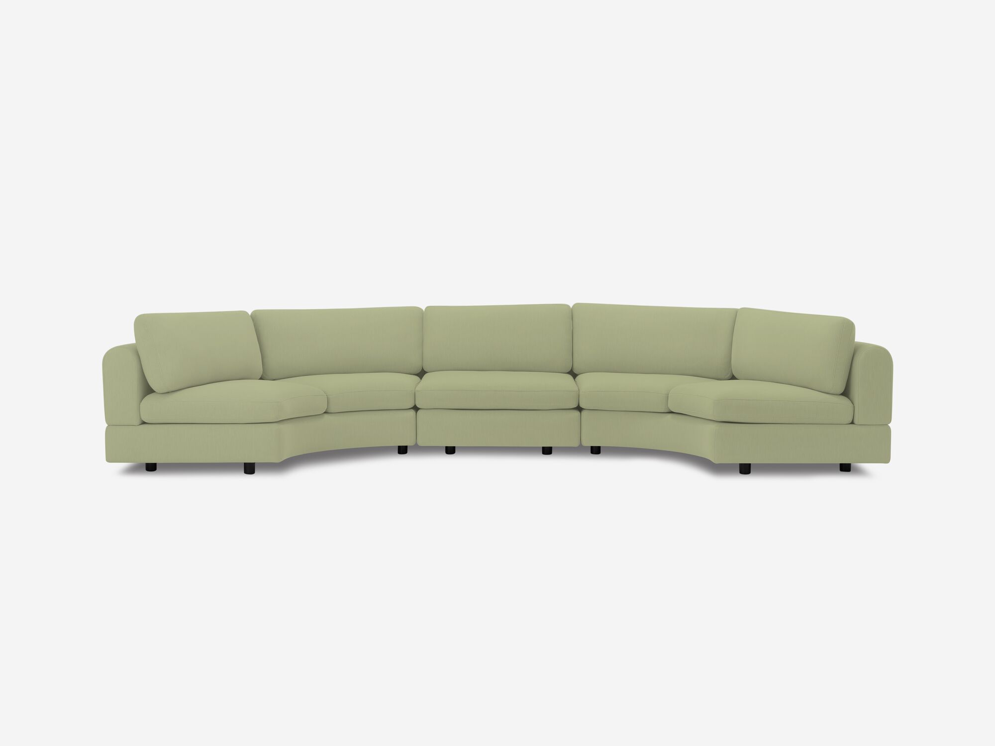 Front view of light green curved sectional sofa