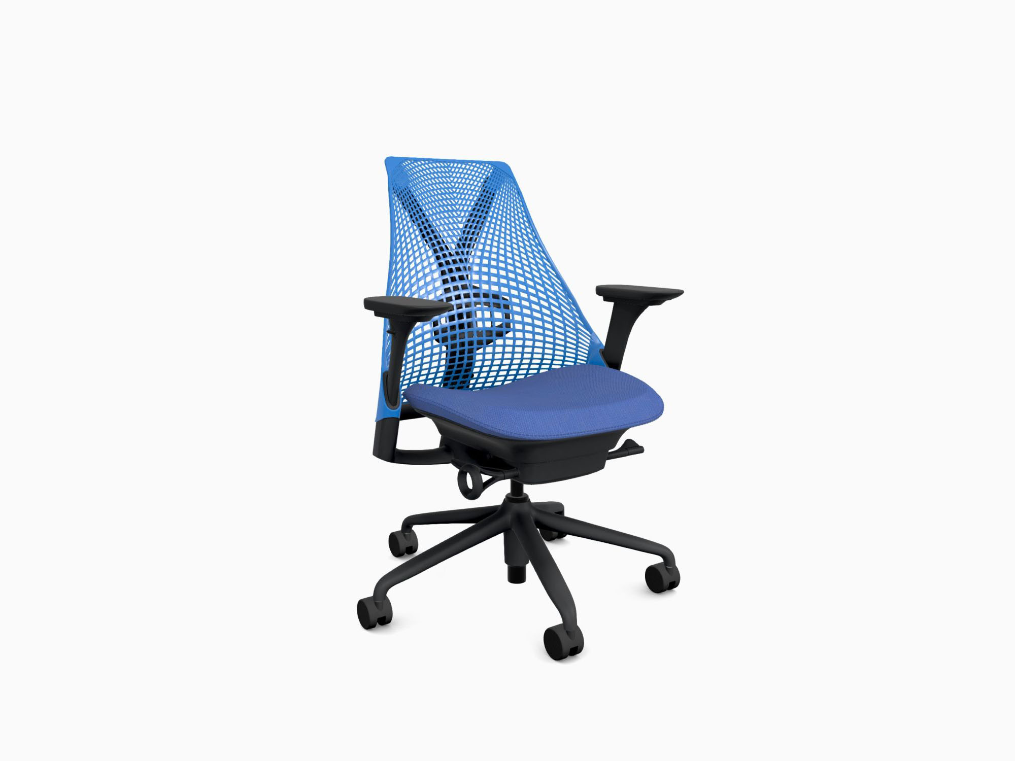 Herman Miller office chair with black base in rhythm berry blue front angle view