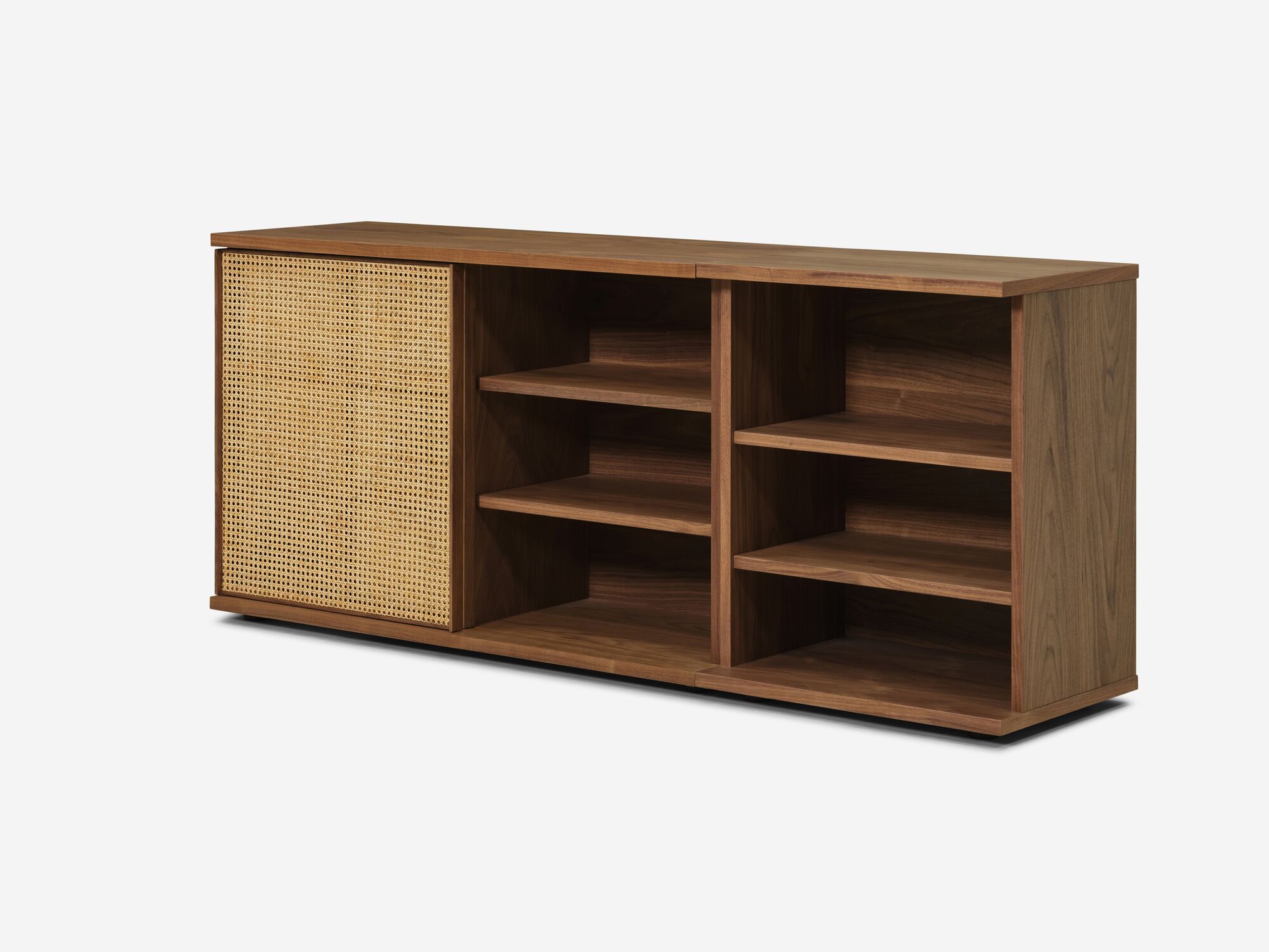 Front angle view of medium walnut office cabinet with cane screen