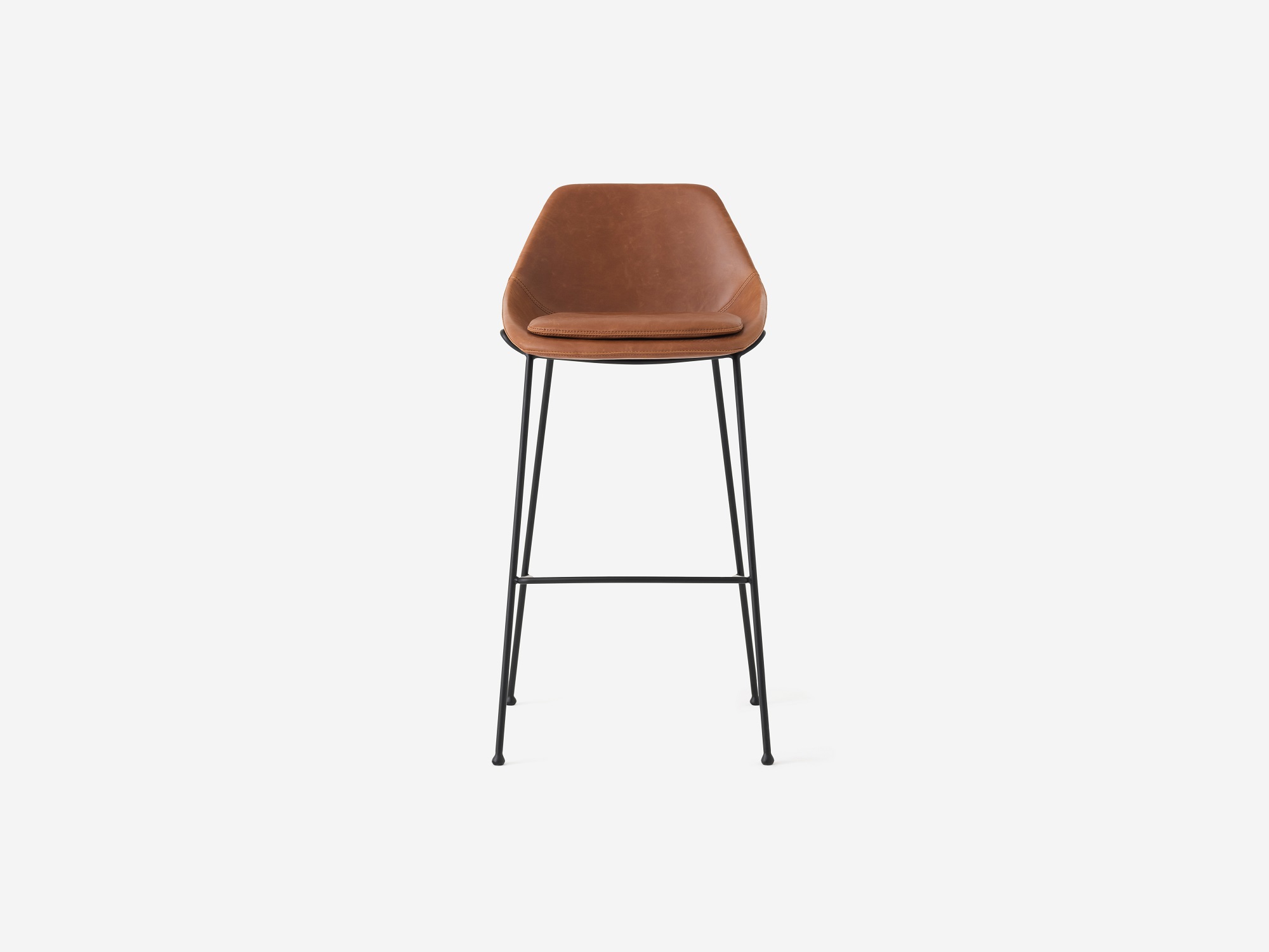 Front view of the Nixon modern bar stools in brown leather