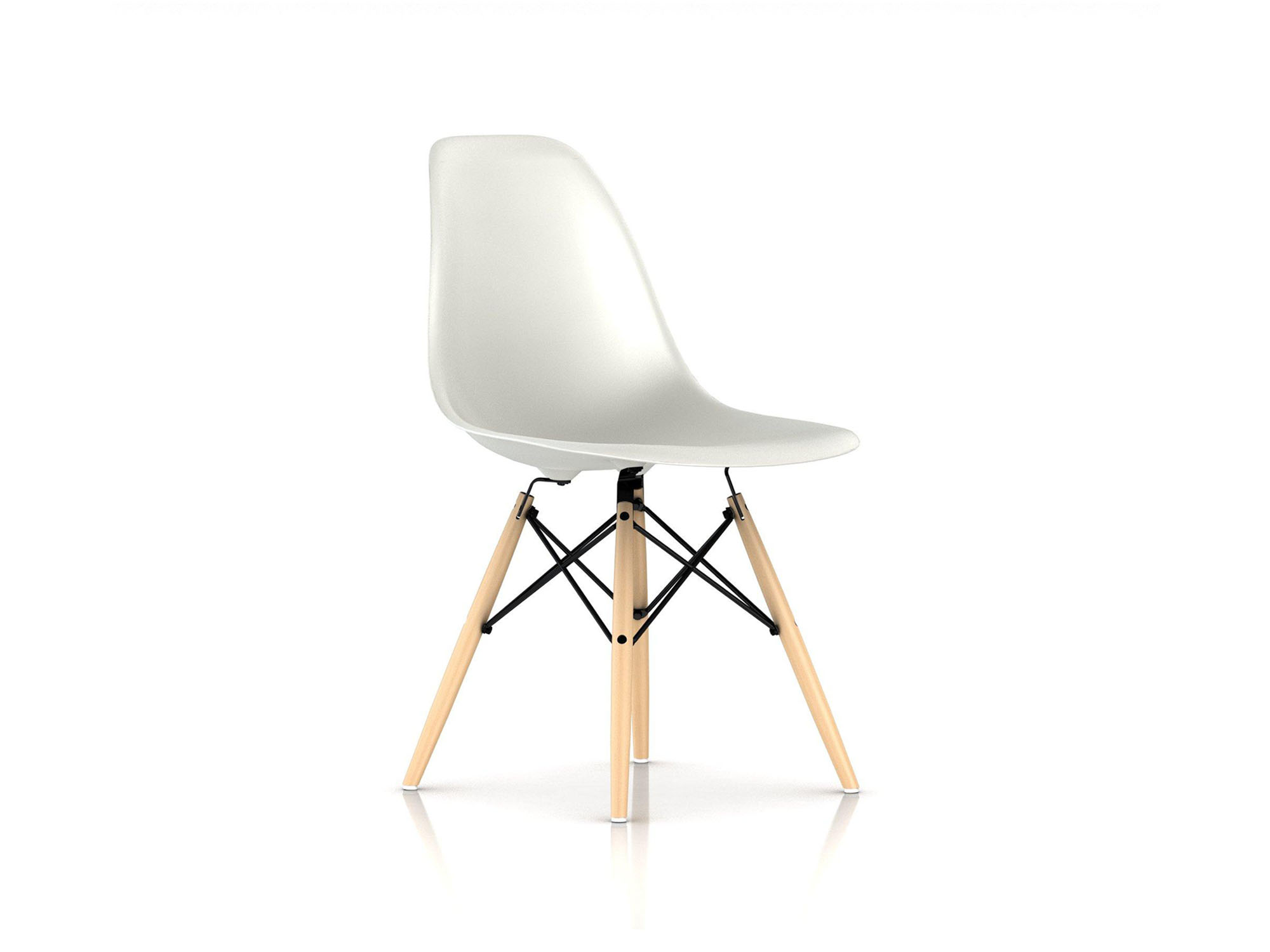 Front angle view of white chair with oak dowels and black wire