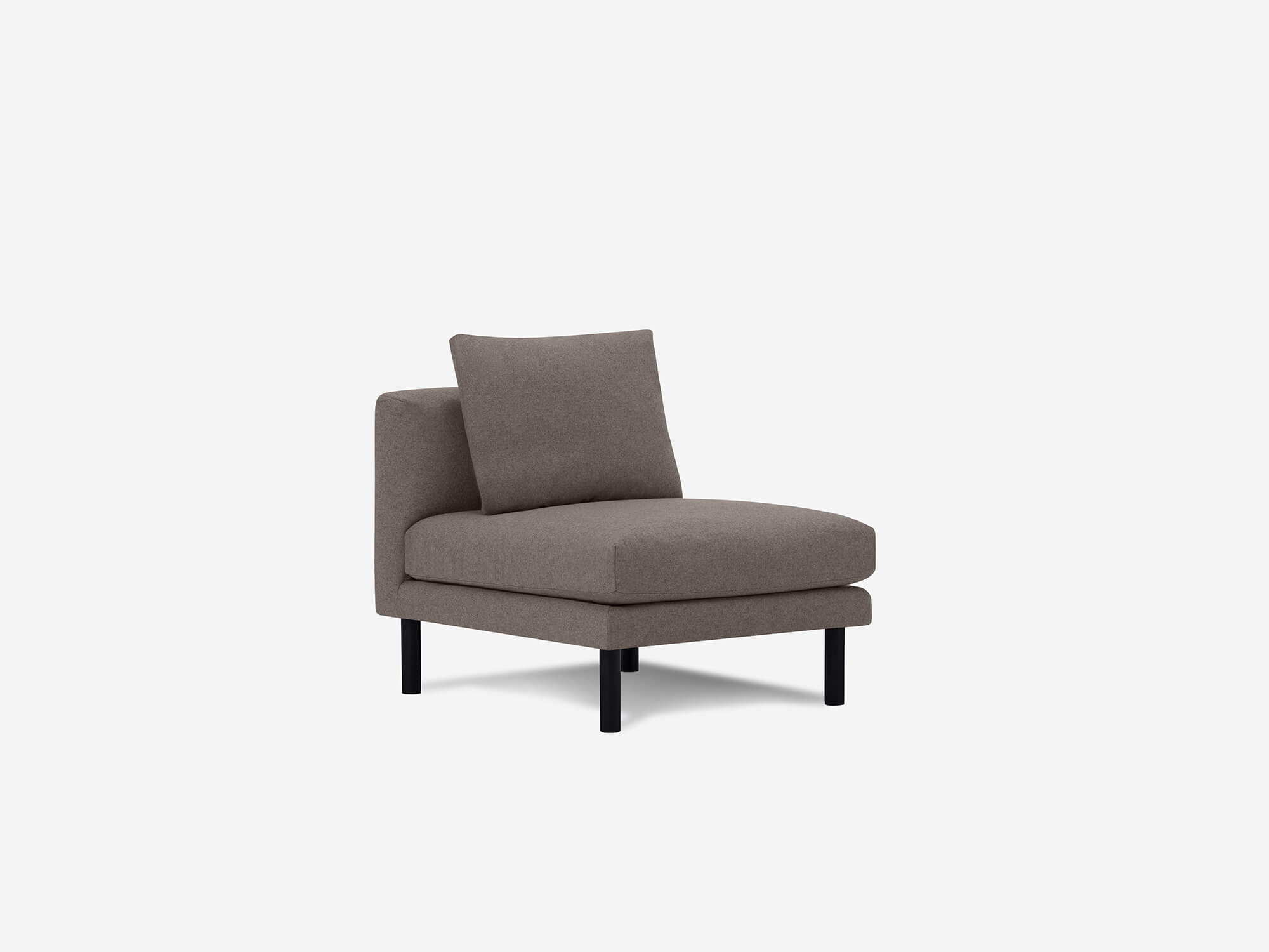 Front corner view of dark grey armless chair with cushion