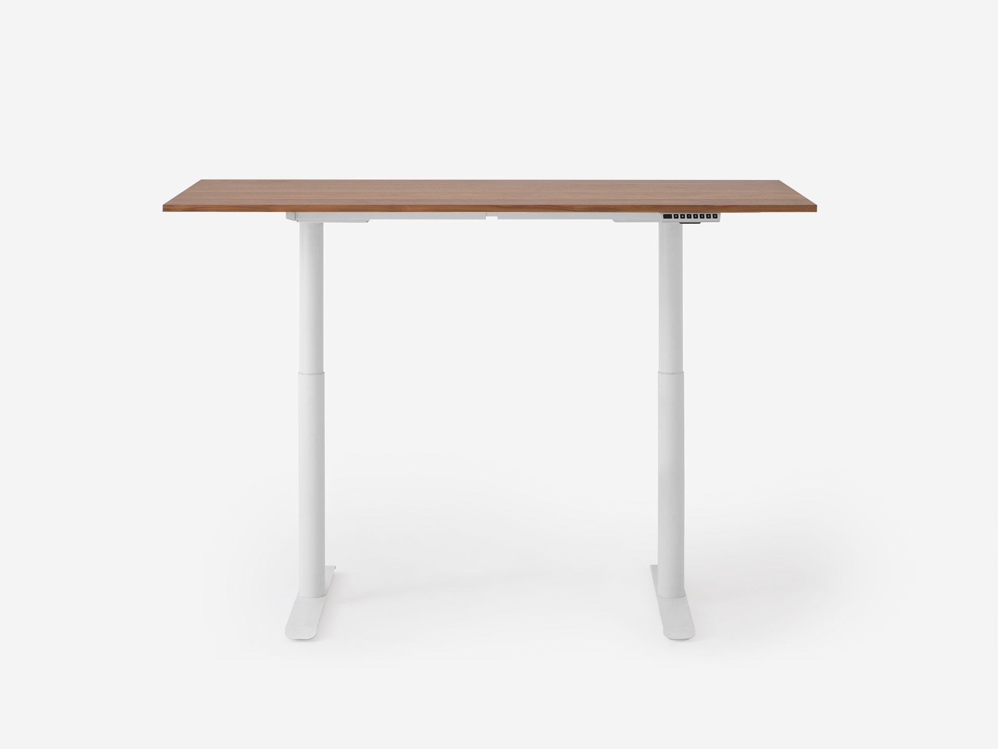 Walnut and white standing desk in high position