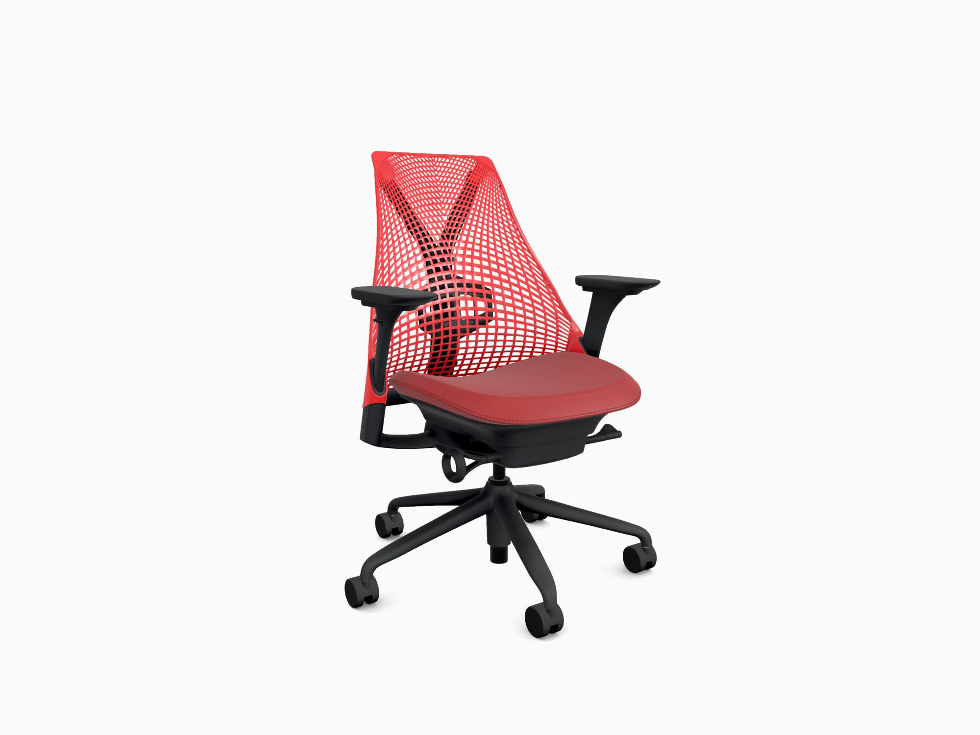 Herman Miller office chair with black base in crepe cherry front angle view