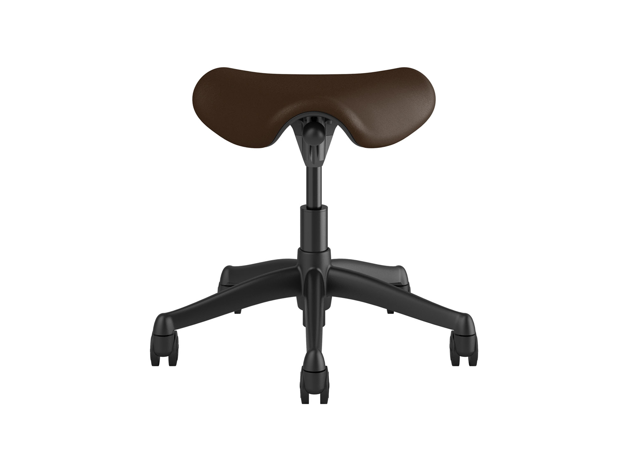 Front view of dark red saddle stool