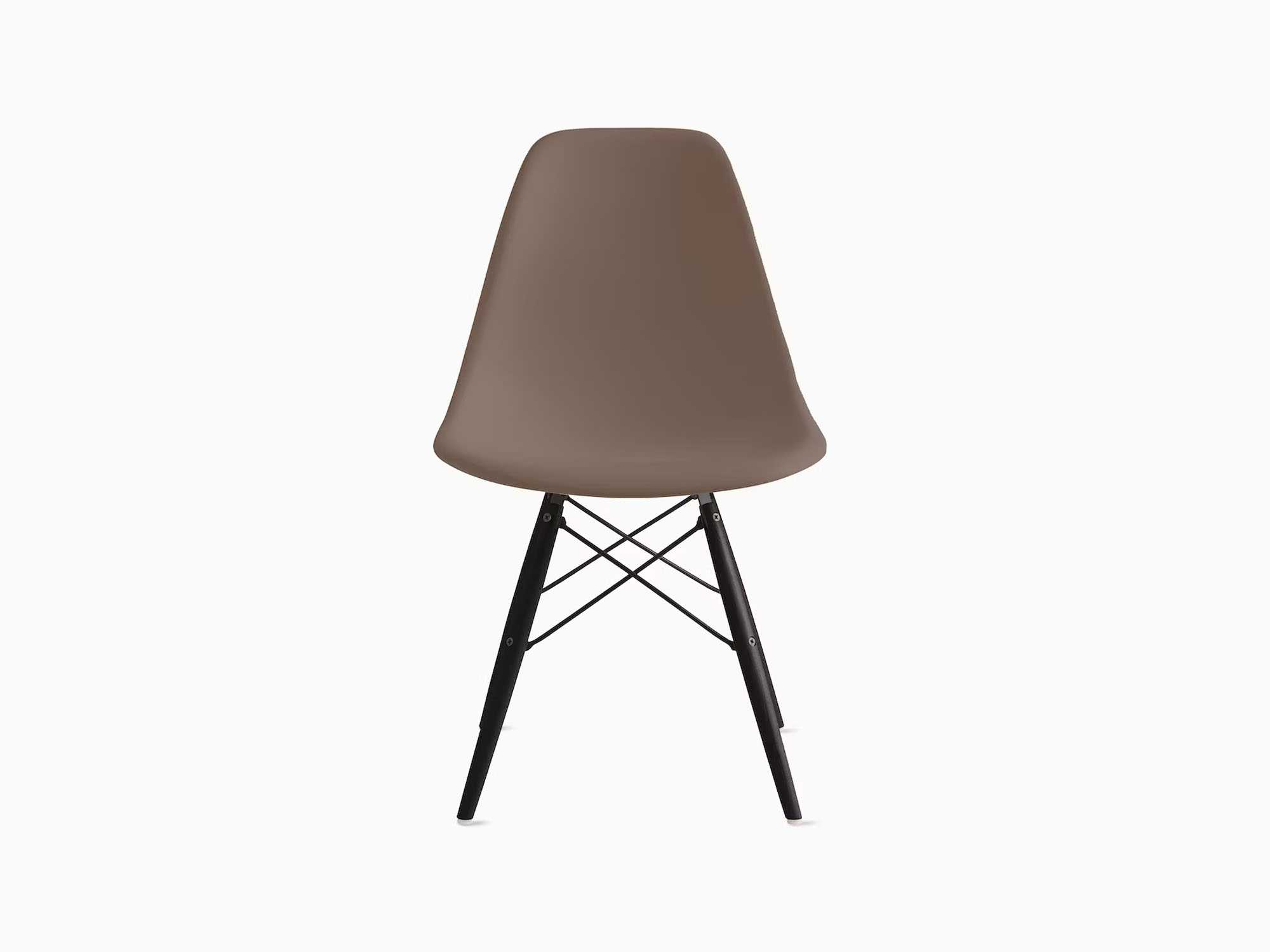 Front view of taupe plastic chair with ebony dowels