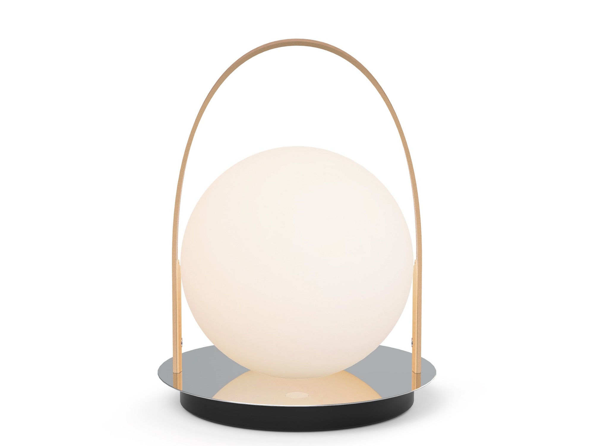 Round outdoor lamp with tan handle and chrome disc