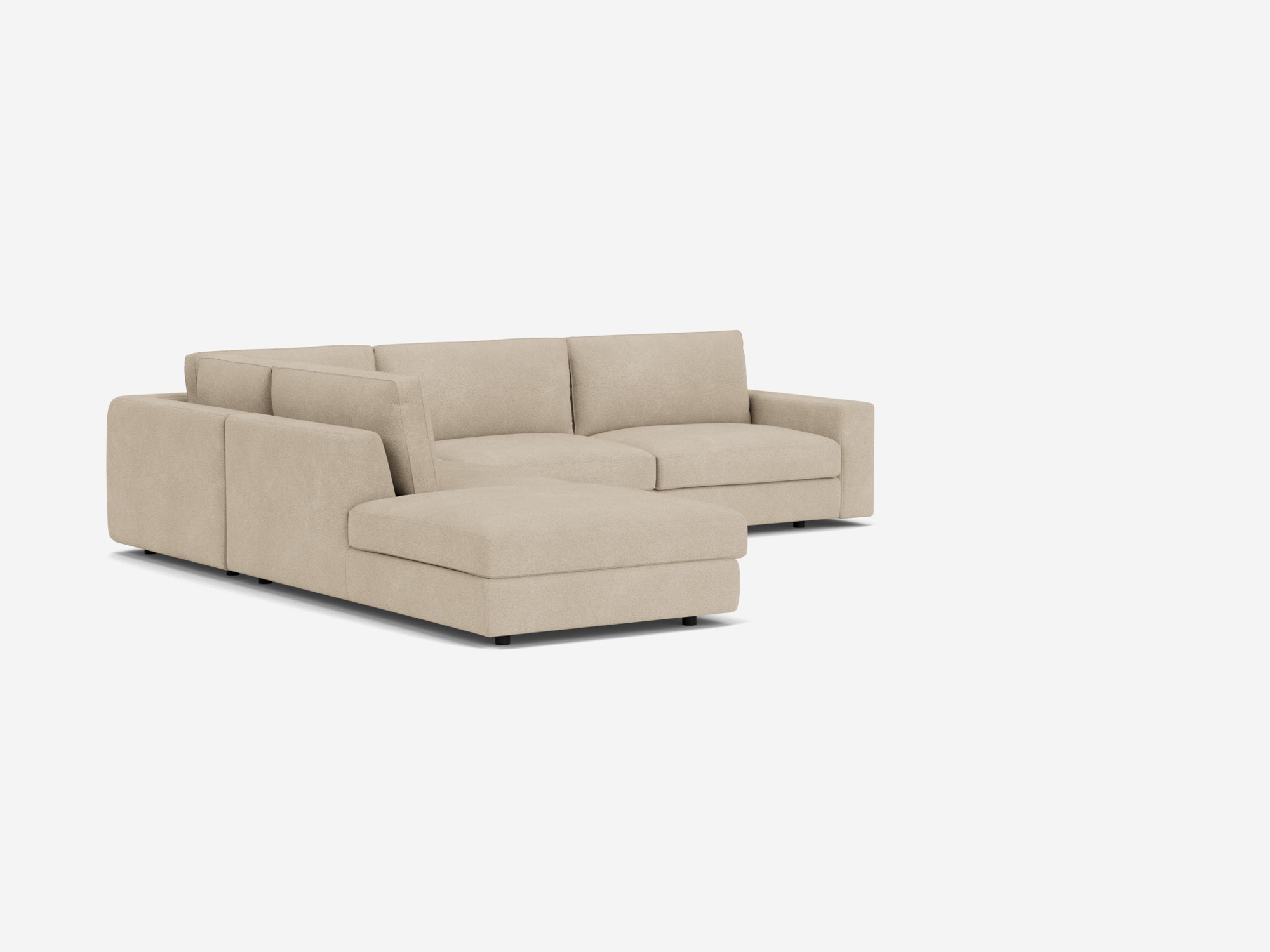 Side view of the Cello modern sectional couch in light biege fabric with left hand backless chaise